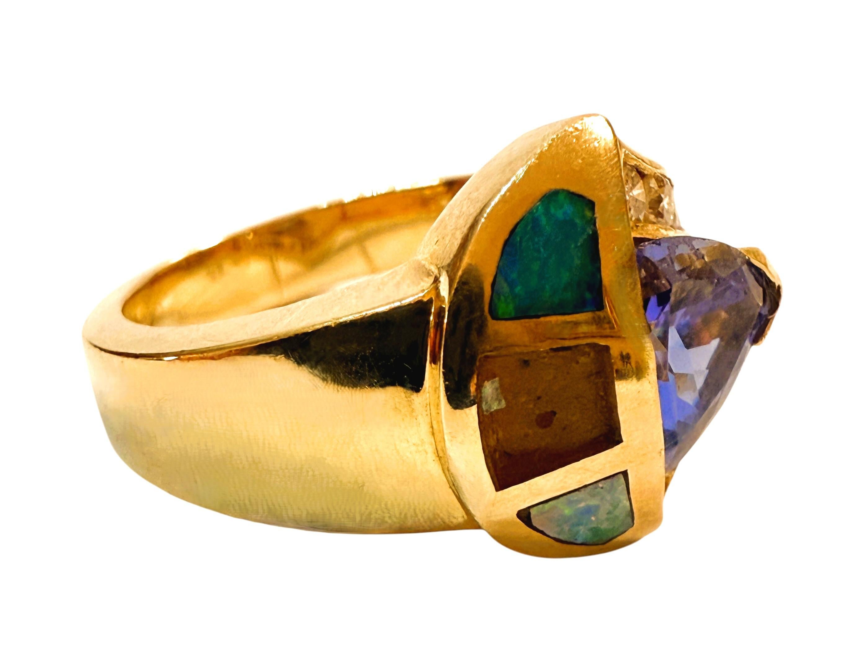 Art Deco 14k Yellow Gold 1.20 Trillion Cut Tanzanite, Diamond & Opal Ring Size 6.75 For Sale