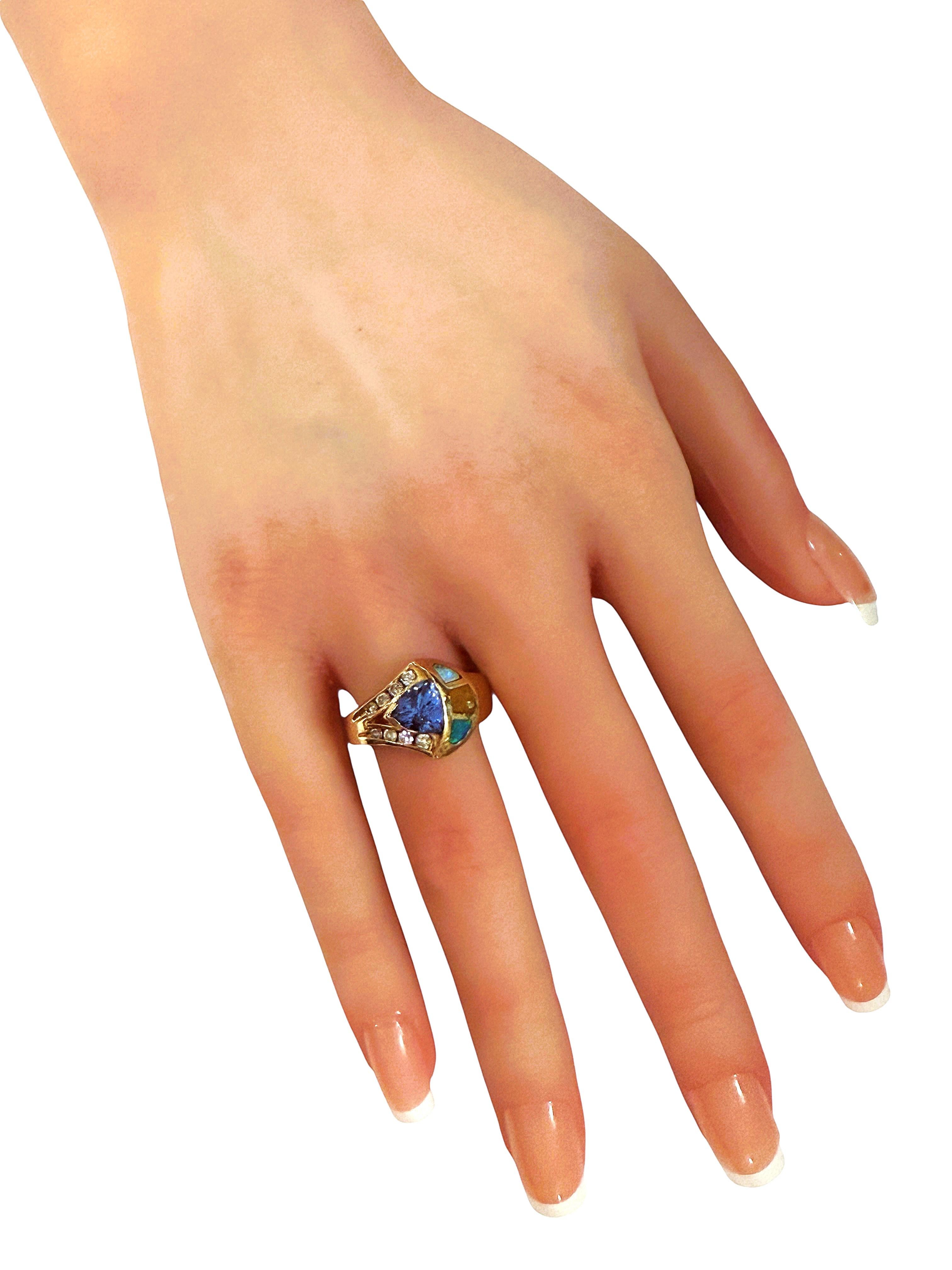 Tapered Baguette 14k Yellow Gold 1.20 Trillion Cut Tanzanite, Diamond & Opal Ring Size 6.75 For Sale