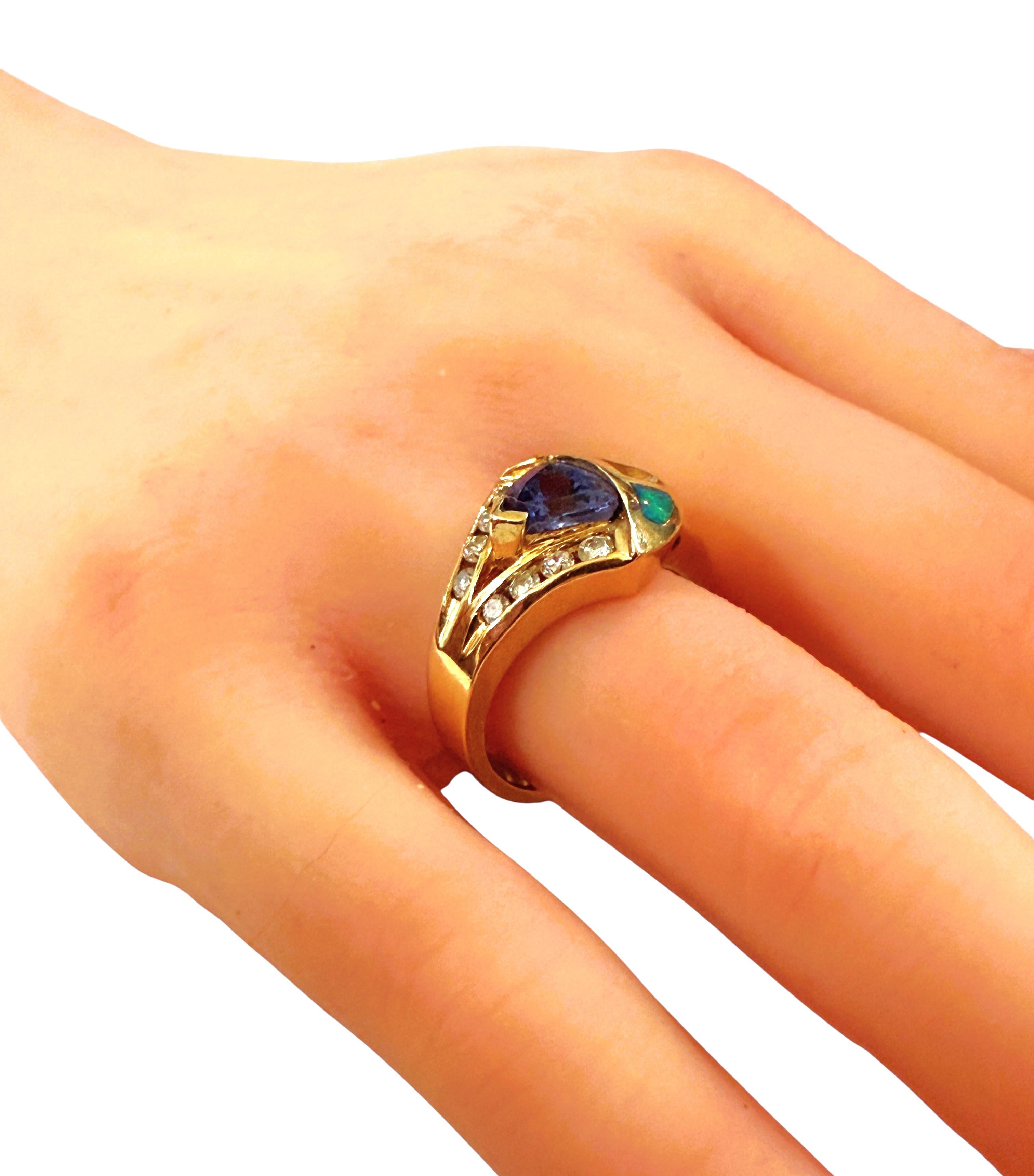 14k Yellow Gold 1.20 Trillion Cut Tanzanite, Diamond & Opal Ring Size 6.75 In Good Condition For Sale In Eagan, MN