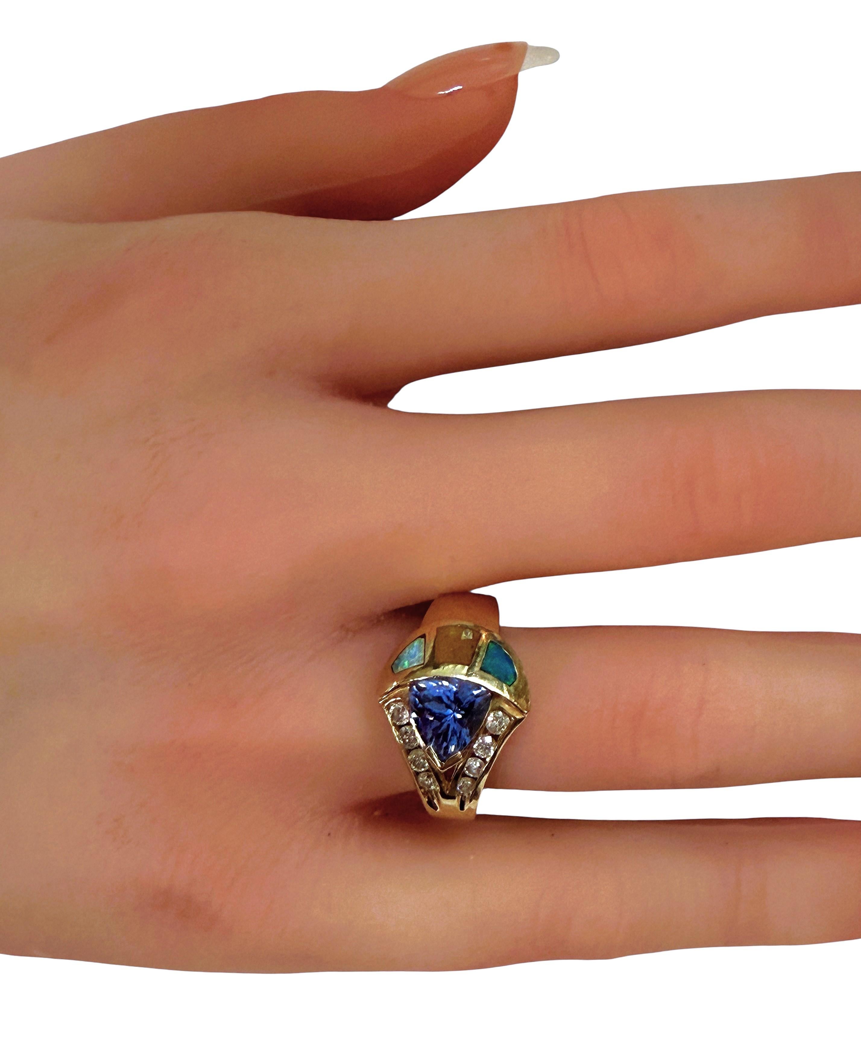 Women's 14k Yellow Gold 1.20 Trillion Cut Tanzanite, Diamond & Opal Ring Size 6.75 For Sale