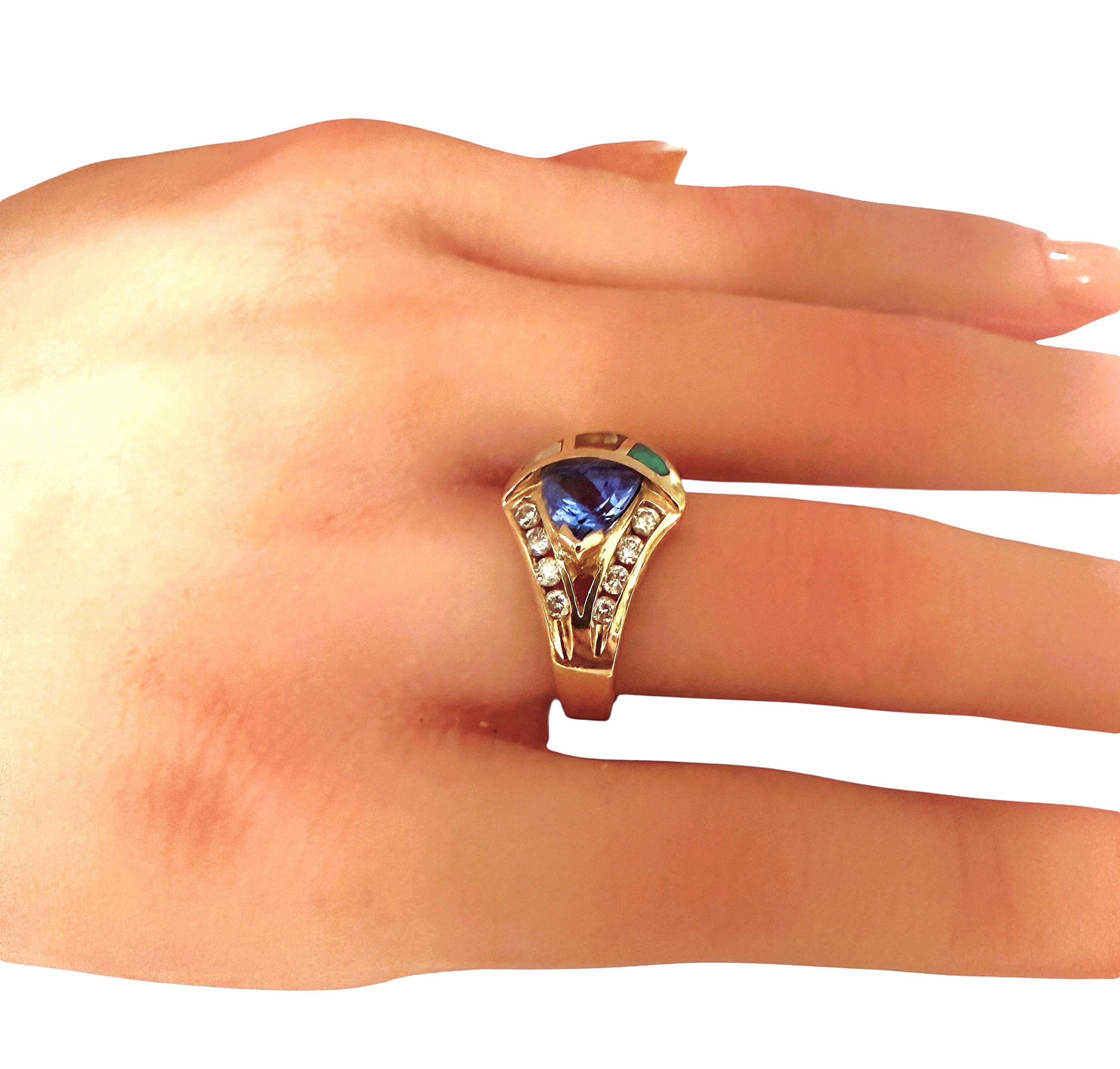 14k Yellow Gold 1.20 Trillion Cut Tanzanite, Diamond & Opal Ring Size 6.75 For Sale 1