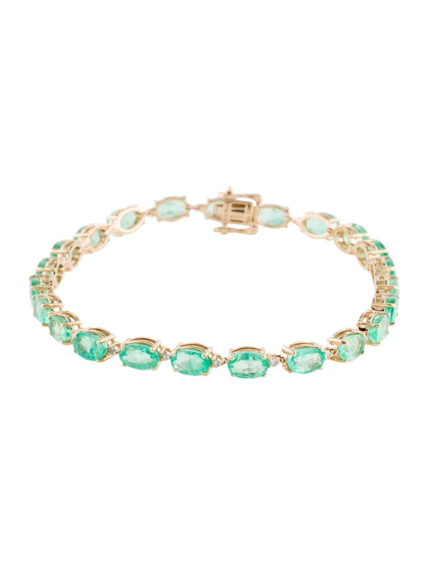 Elevate your jewelry ensemble with our stunning 14K Yellow Gold Link Bracelet, a masterpiece of craftsmanship and elegance. This exquisite bracelet, boasting an impressive 11.66 carats of Oval Modified Brilliant Emeralds complemented by 0.22 carats