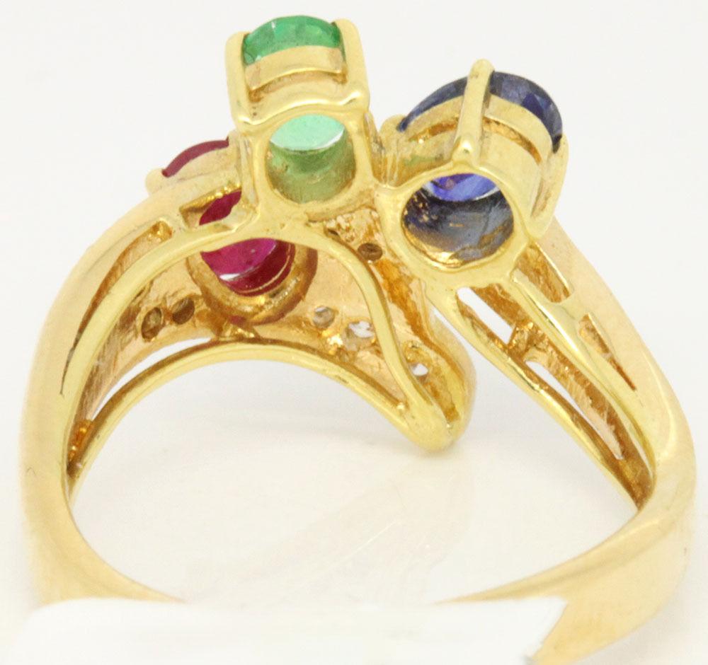 Women's or Men's 14 Karat Yellow Gold 1.24 Carat Sapphire, Emerald, Ruby and Diamond Ring For Sale