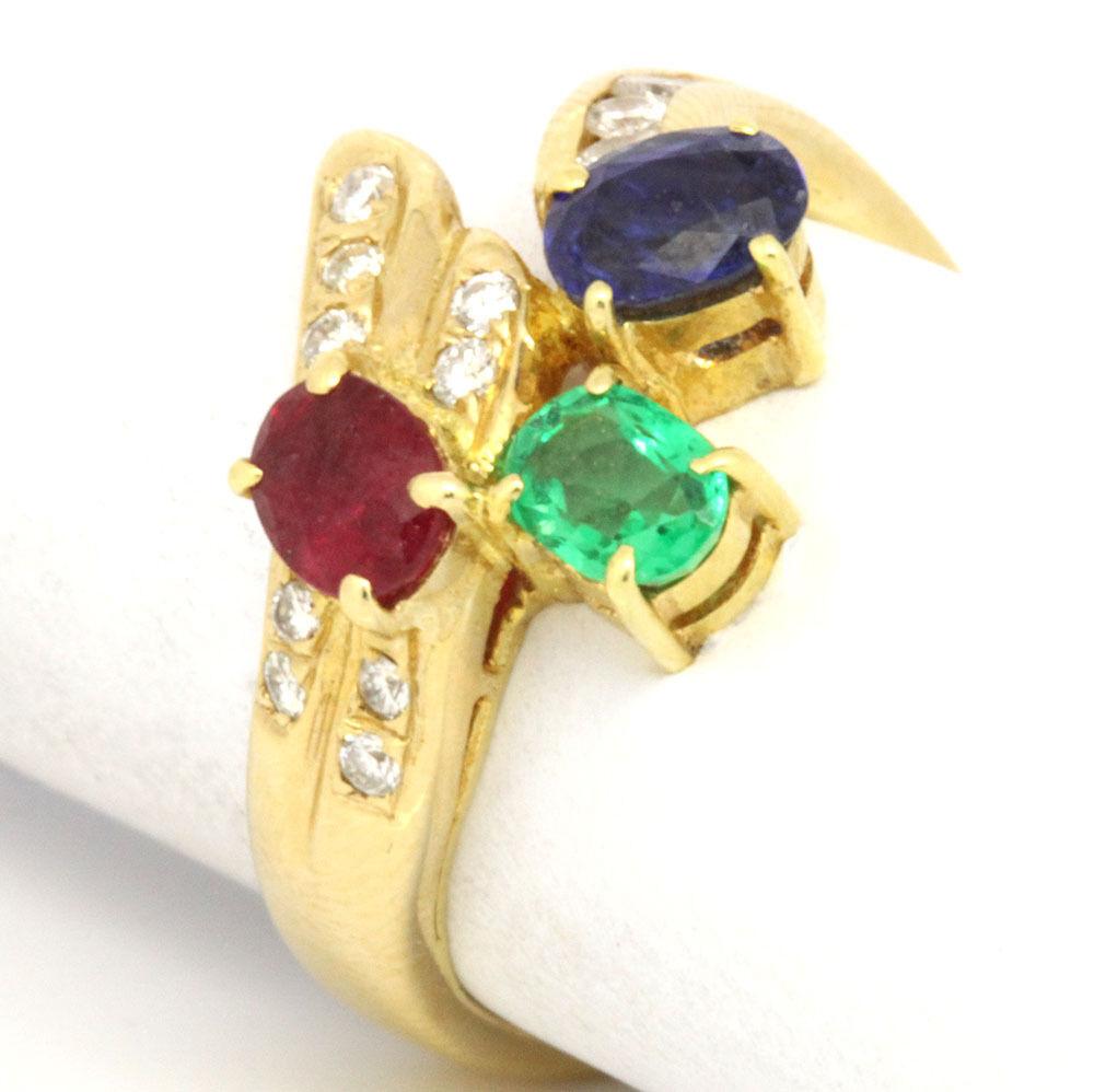 14 Karat Yellow Gold 1.24 Carat Sapphire, Emerald, Ruby and Diamond Ring For Sale 1