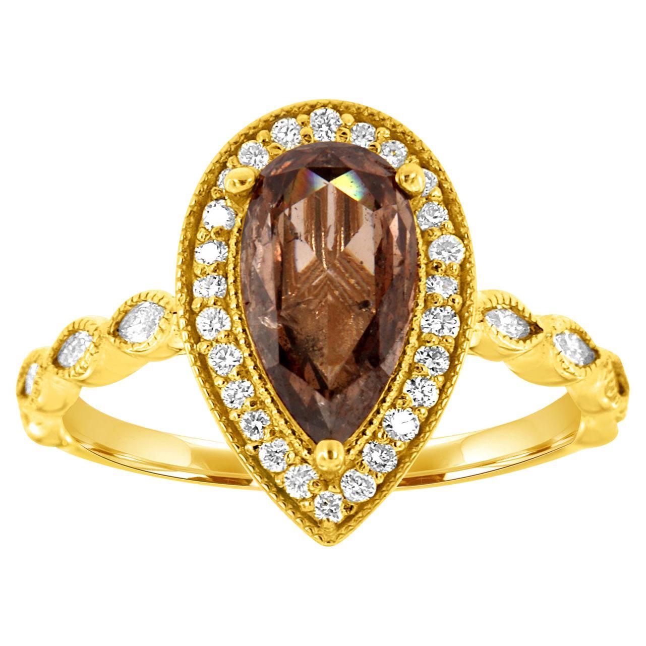 14K Gelbgold 1,25 Karat Birnenförmiger Champagnerfarbener Diamant Halo Ring