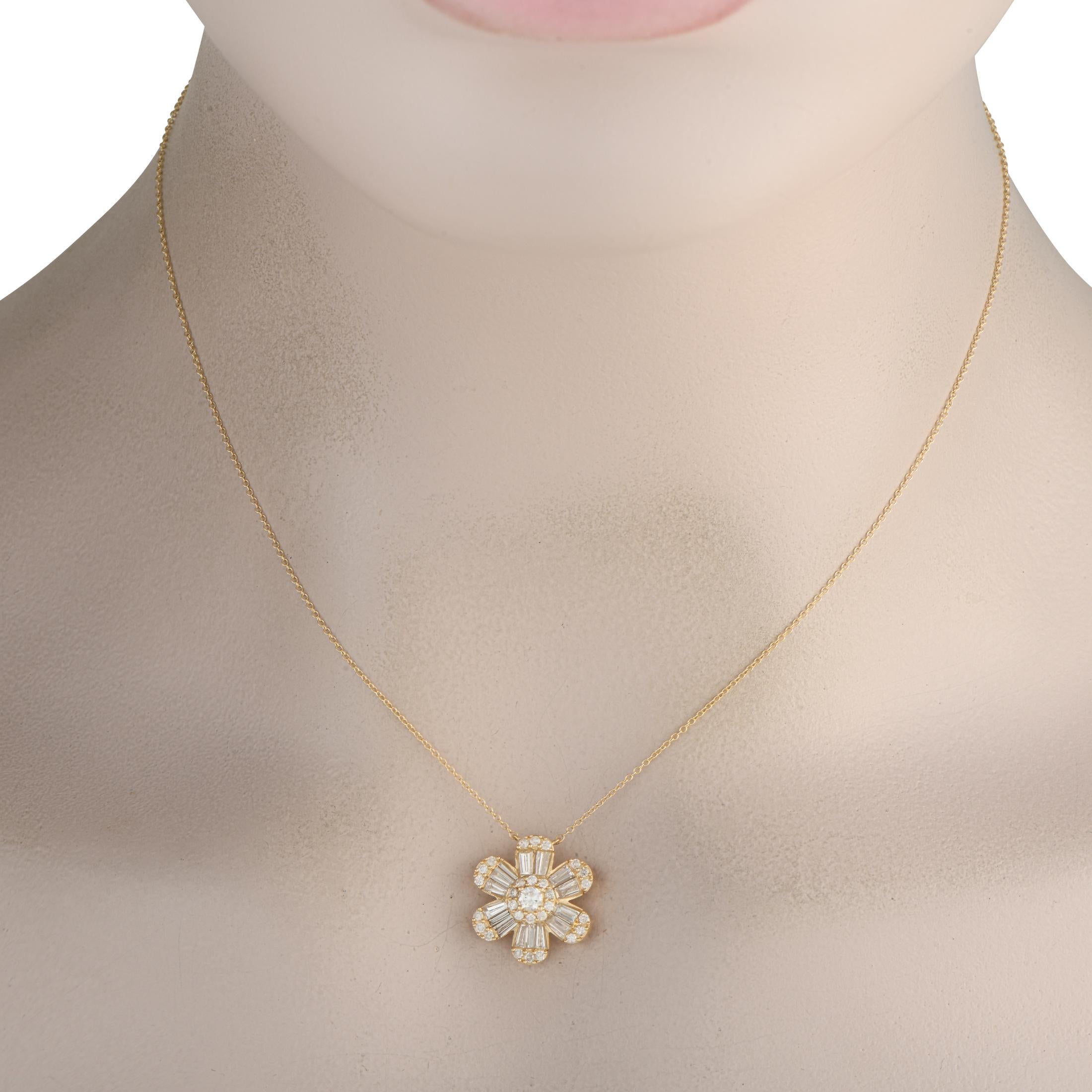 A stunning starburst pendant covered in Diamonds totaling 1.25 carats makes this necklace simply unforgettable. Crafted from 14K Yellow Gold, the pendant measures 0.60 round and is suspended from a 16 chain.This jewelry piece is offered in brand new
