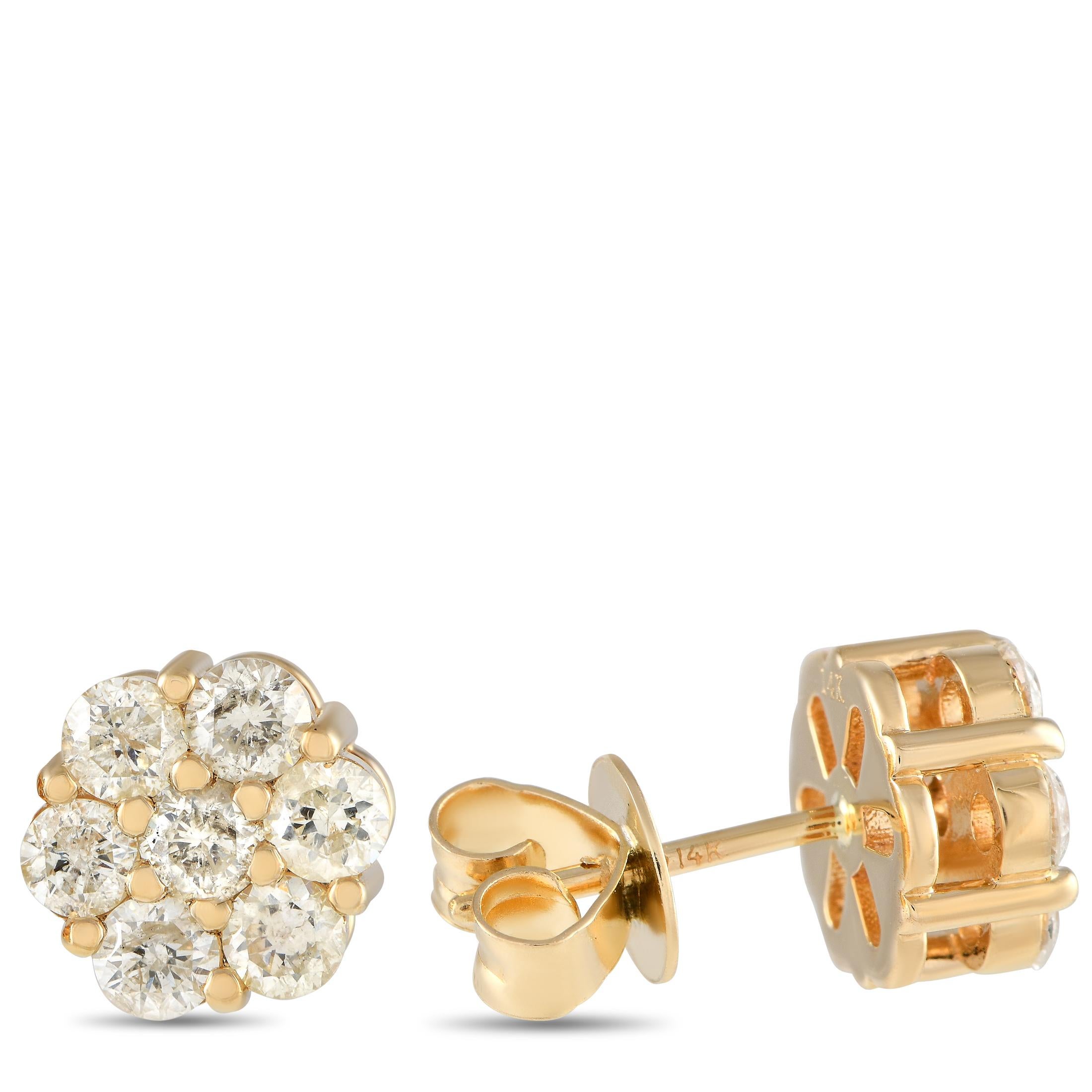Add a touch of luxury to any ensemble simply by adding these timeless, elegant earrings. A circular 14K yellow gold setting measuring 0.45 round beautifully showcases the array of sparkling round-cut diamonds, which together possess a total weight