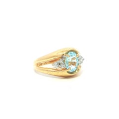 14k Yellow Gold 1.25ctw Oval Aquamarine & Diamond Open Work Band Ring