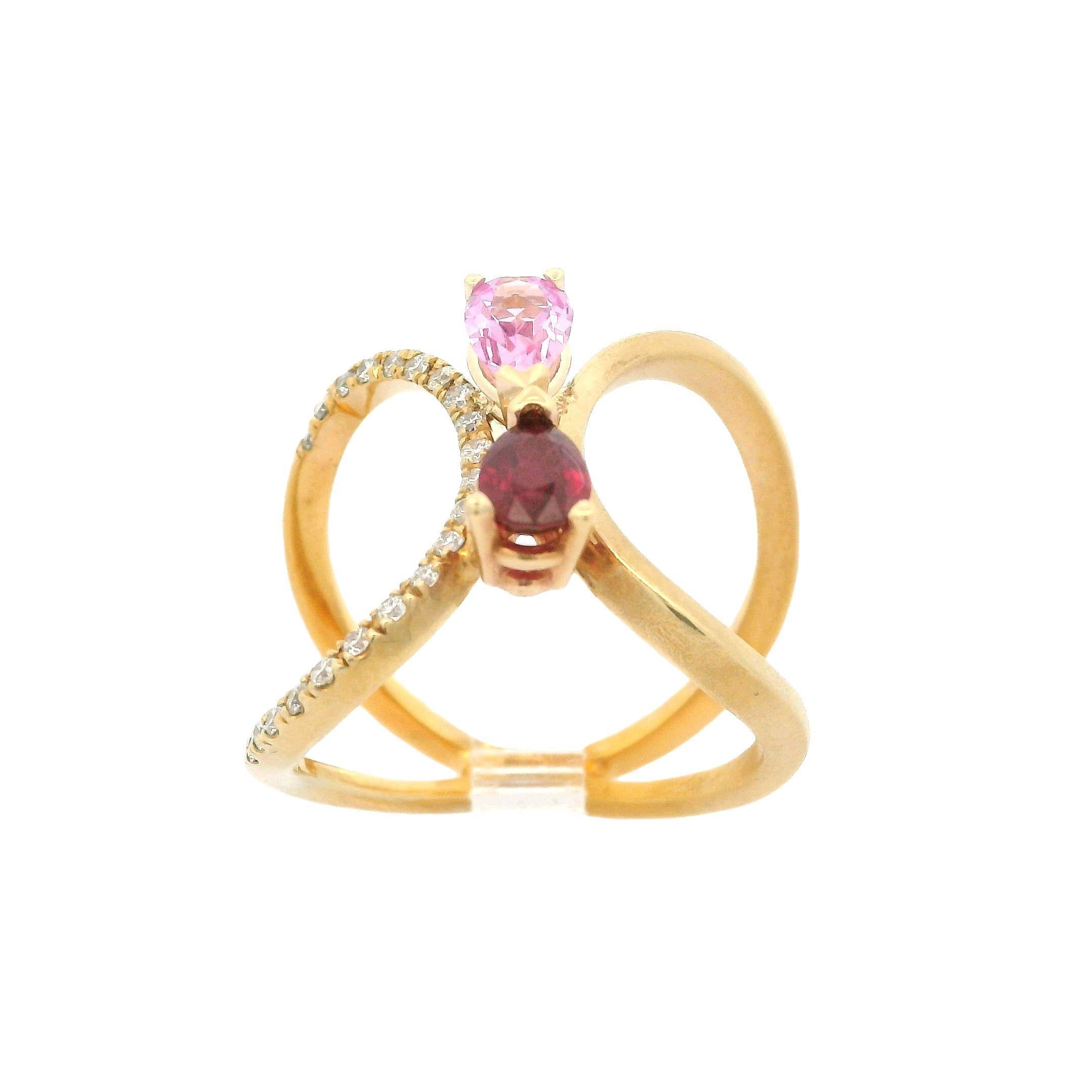 Anillo de oro amarillo de 14 quilates de 1,25 quilates de zafiro rubí y diamante de doble acabado con abertura ancha en venta 3