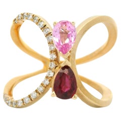 Anillo de oro amarillo de 14 quilates de 1,25 quilates de zafiro rubí y diamante de doble acabado con abertura ancha