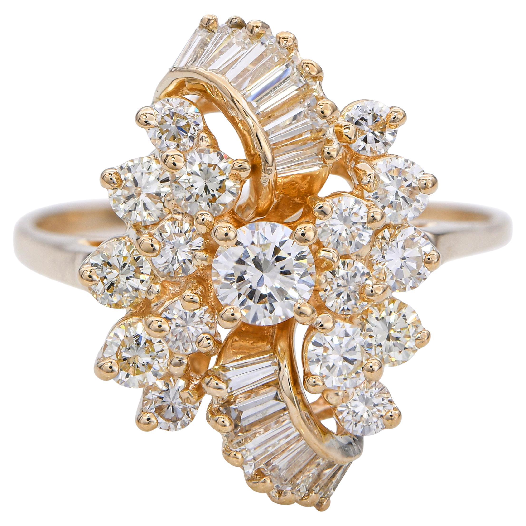 14k Yellow Gold 1.28tcw Diamond Cluster Ring For Sale