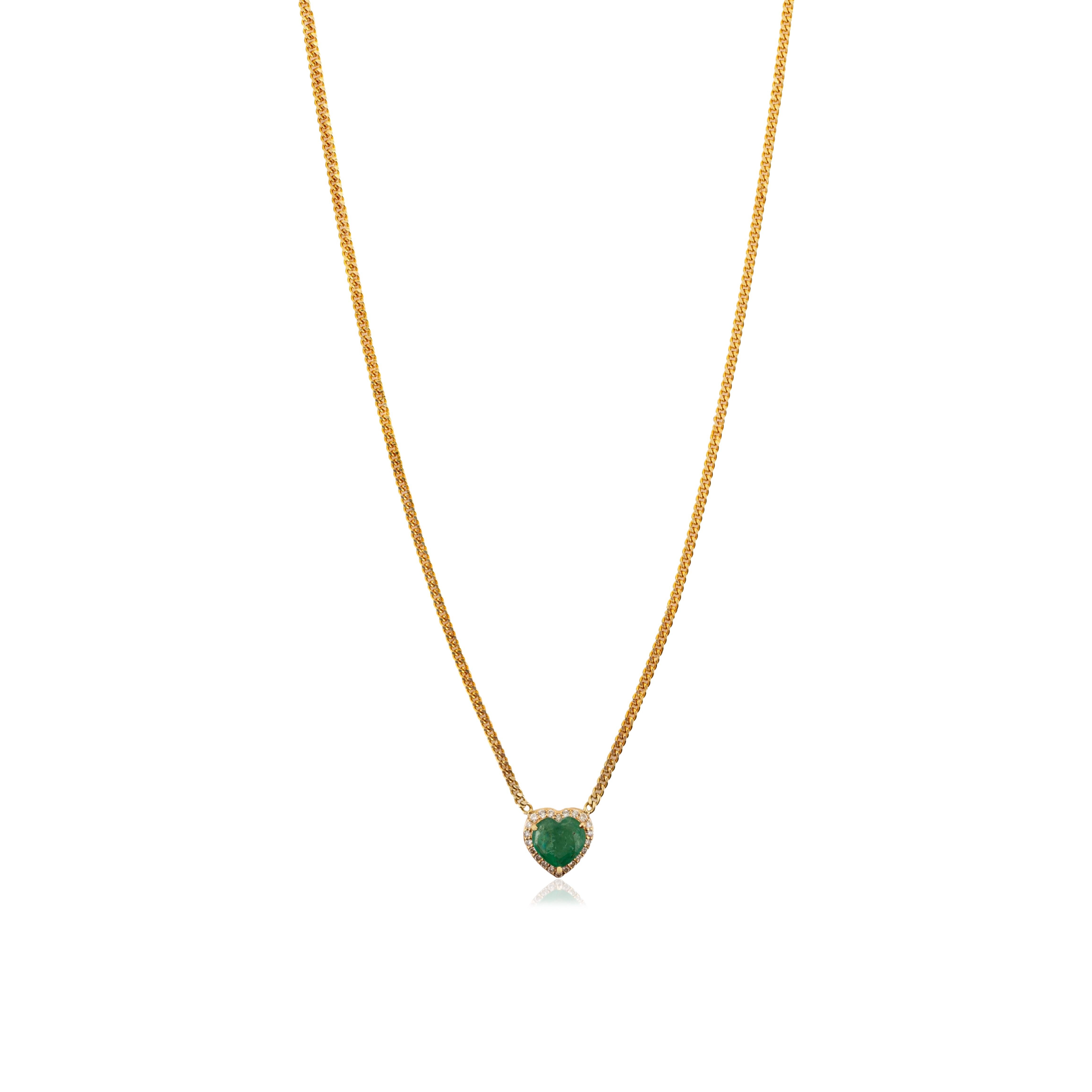Collana con smeraldo naturale e diamante in oro giallo 14K da 1,29 carati a forma di cuore in vendita 1