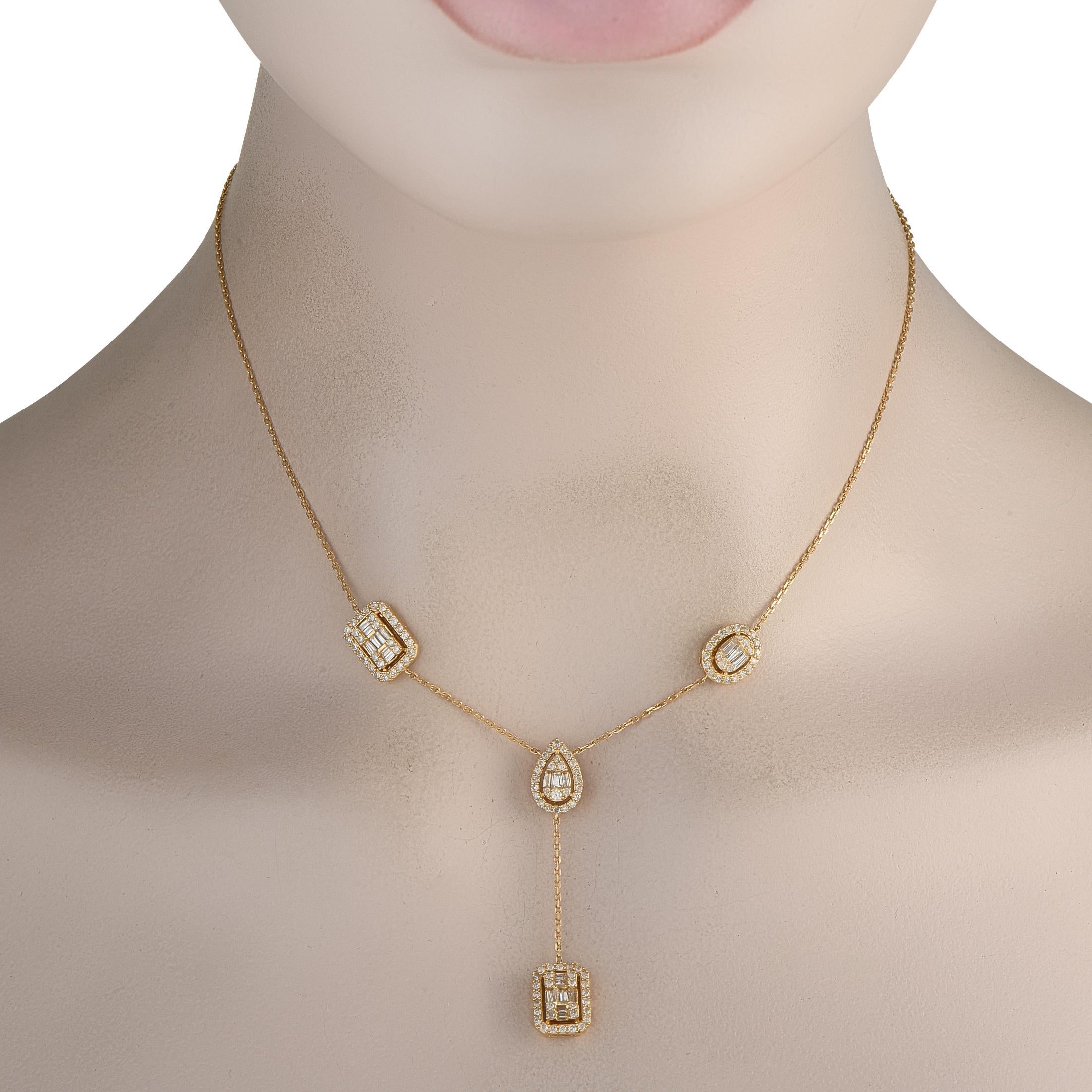 This luxury necklace will continually make a statement. A series of pendants come to life thanks to sparkling Diamonds with a total weight of 1.30 carats. Elegant and opulent in design, its crafted from 14K Yellow Gold and measures 16 long.This