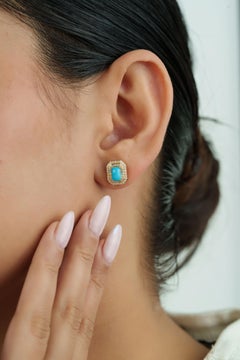 14K Yellow Gold 1.34ct Bold Turquoise Cabochon Diamond Double Halo Stud Earrings