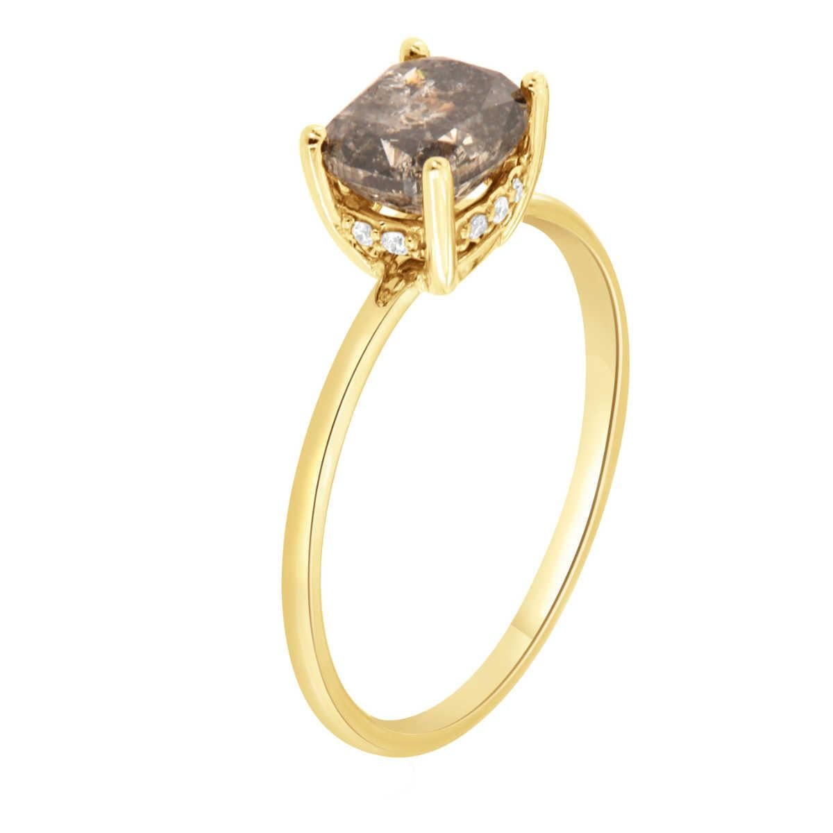 This 14k yellow gold organic & rustic style ring contains a hidden halo with approximately ten (10) Round diamonds with a total weight of 0.04 Carat. In the center of this petite Earthy style, the ring is set East-West in four (4) prongs, one