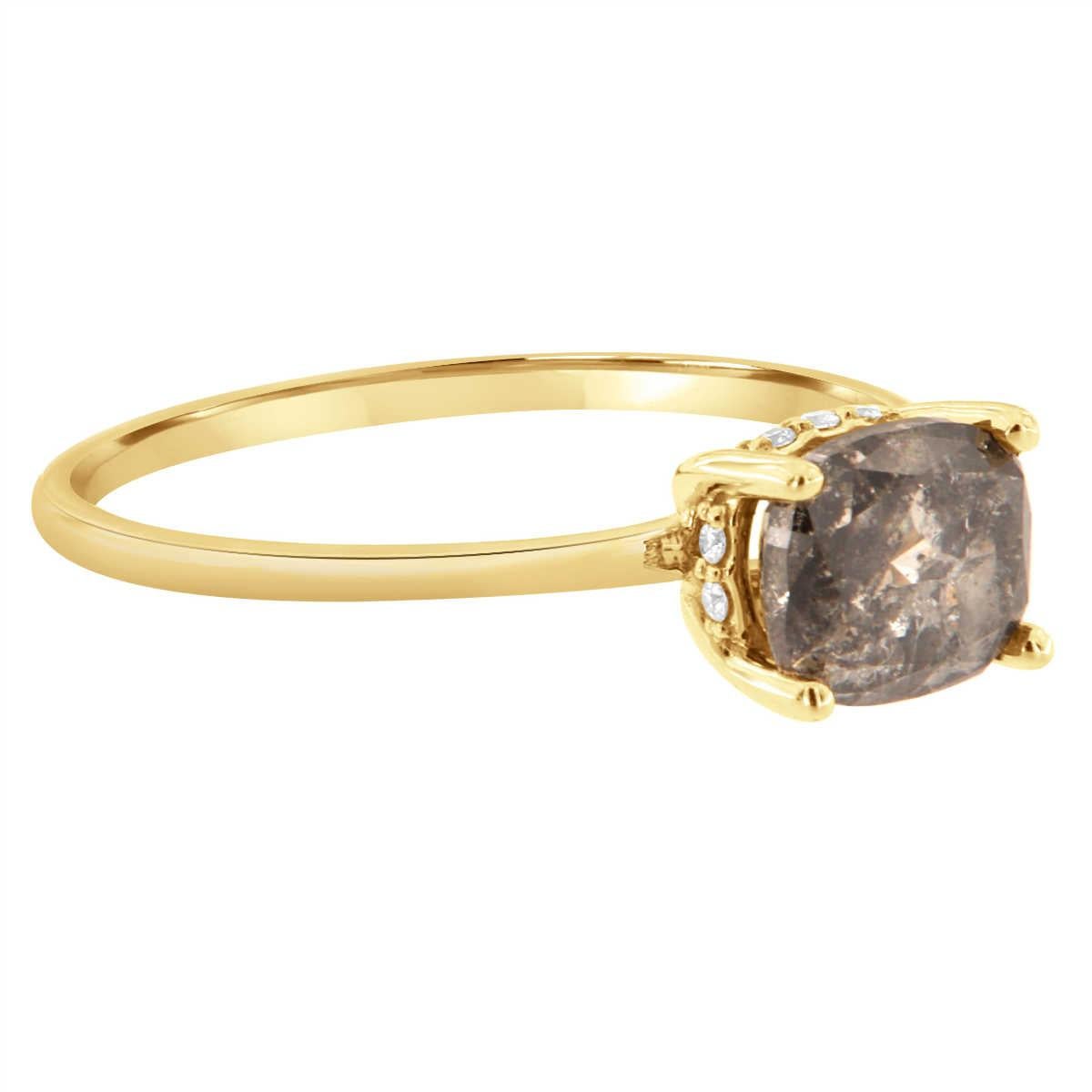 Cushion Cut 14K Yellow Gold 1.38 Carat Cushion Salt and Pepper Hidden Halo Diamond Ring For Sale