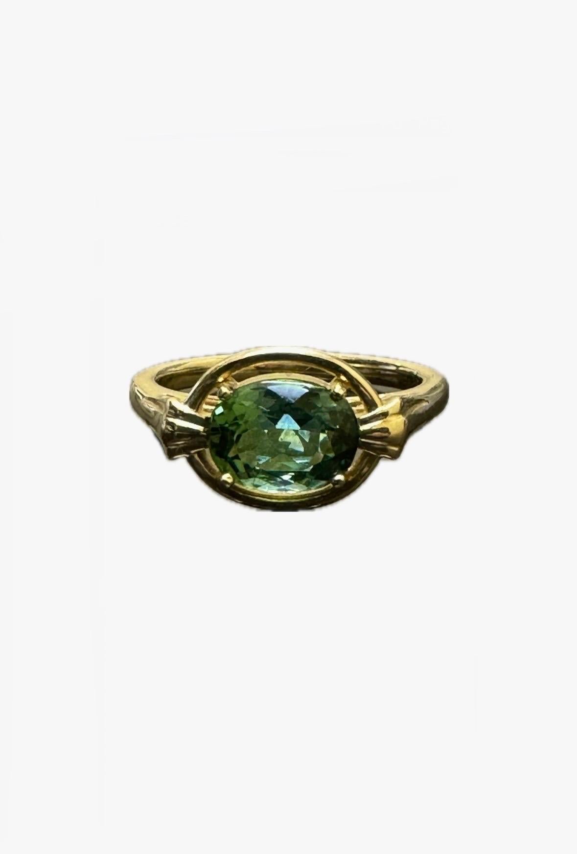 14K Yellow Gold 1.38 Carat Oval Blue Green Tourmaline Engagement Ring  For Sale 4