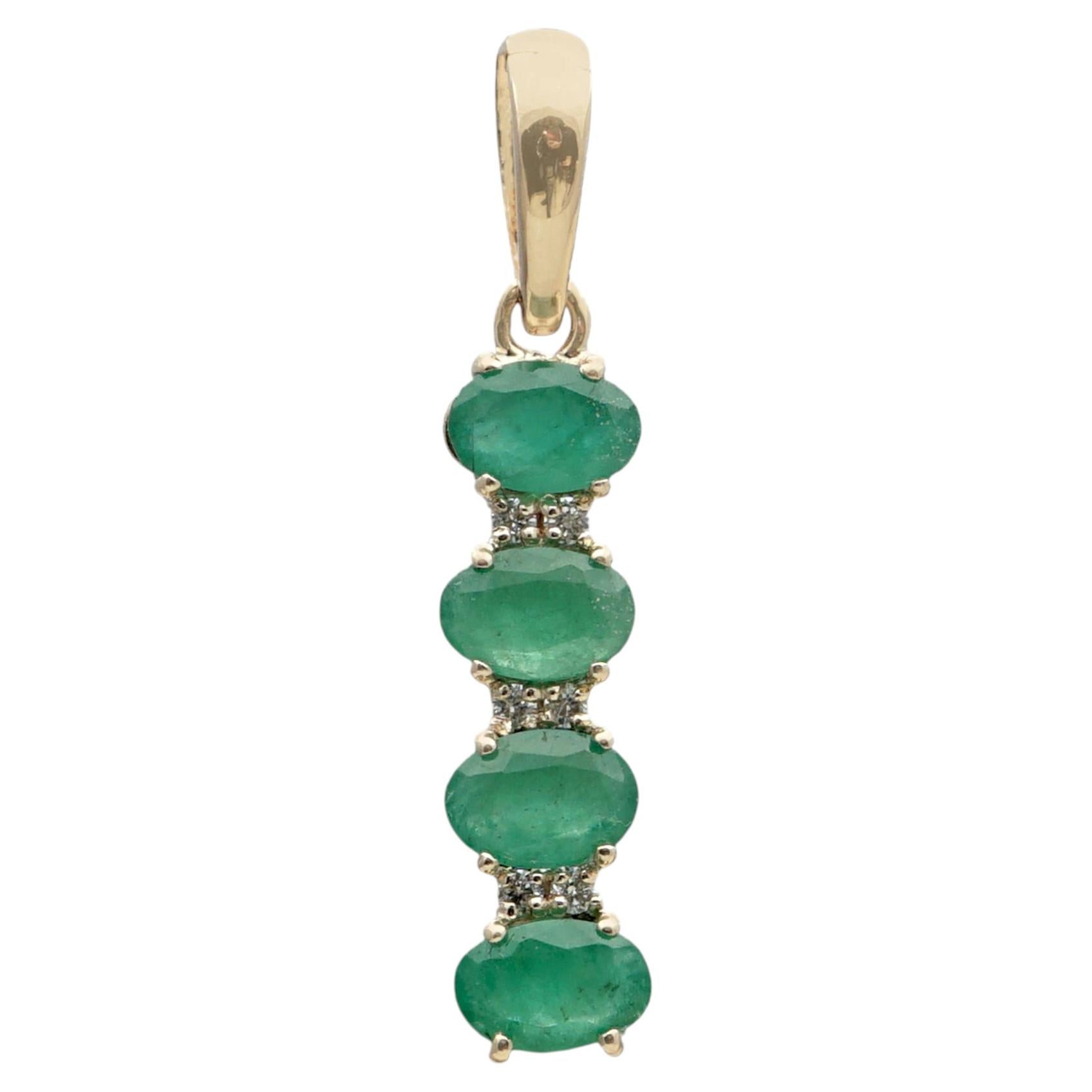 14K Yellow Gold 1.38 Ct Natural Oval Emerald Diamond Vertical Bar Pendant