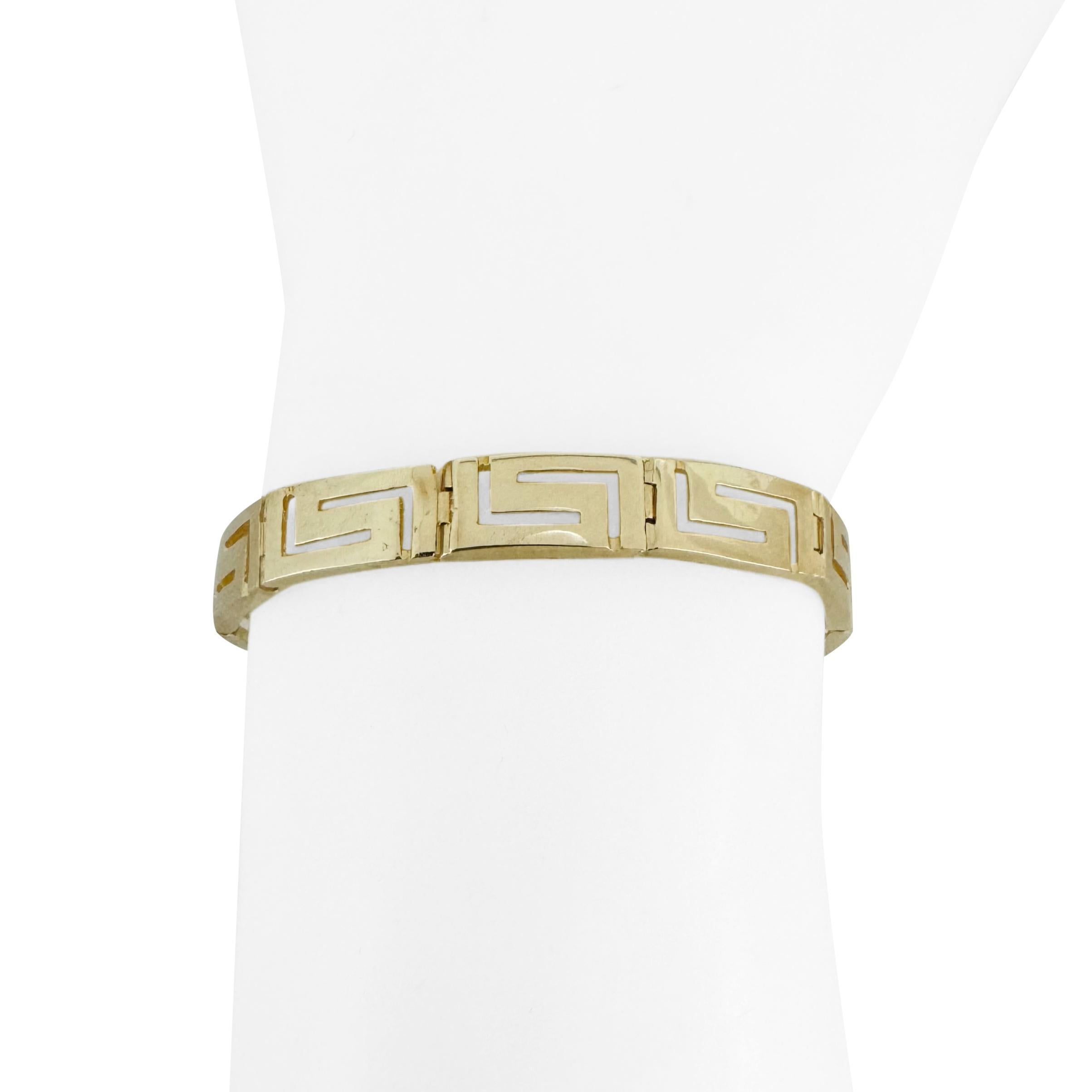 14k Gelbgold 13,8g Damen poliertes 7,5mm griechisches Schlüsselanhänger-Gliederarmband 7,25