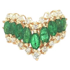 14k Yellow Gold 1.3ctw Marquise Emerald Round Diamond Wide Chevron V Band Ring