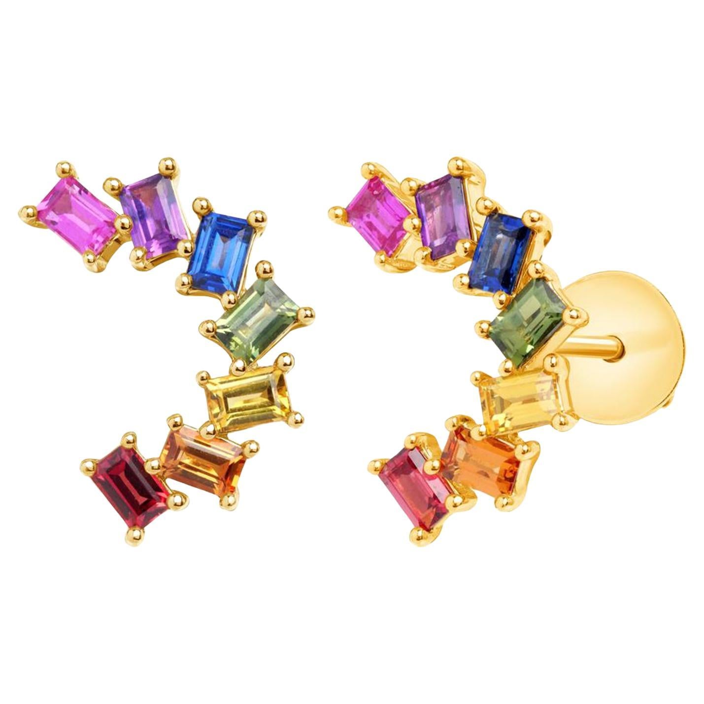 Clous d'oreilles en or jaune 14 carats avec saphirs multicolores de 1,40 carat en vente