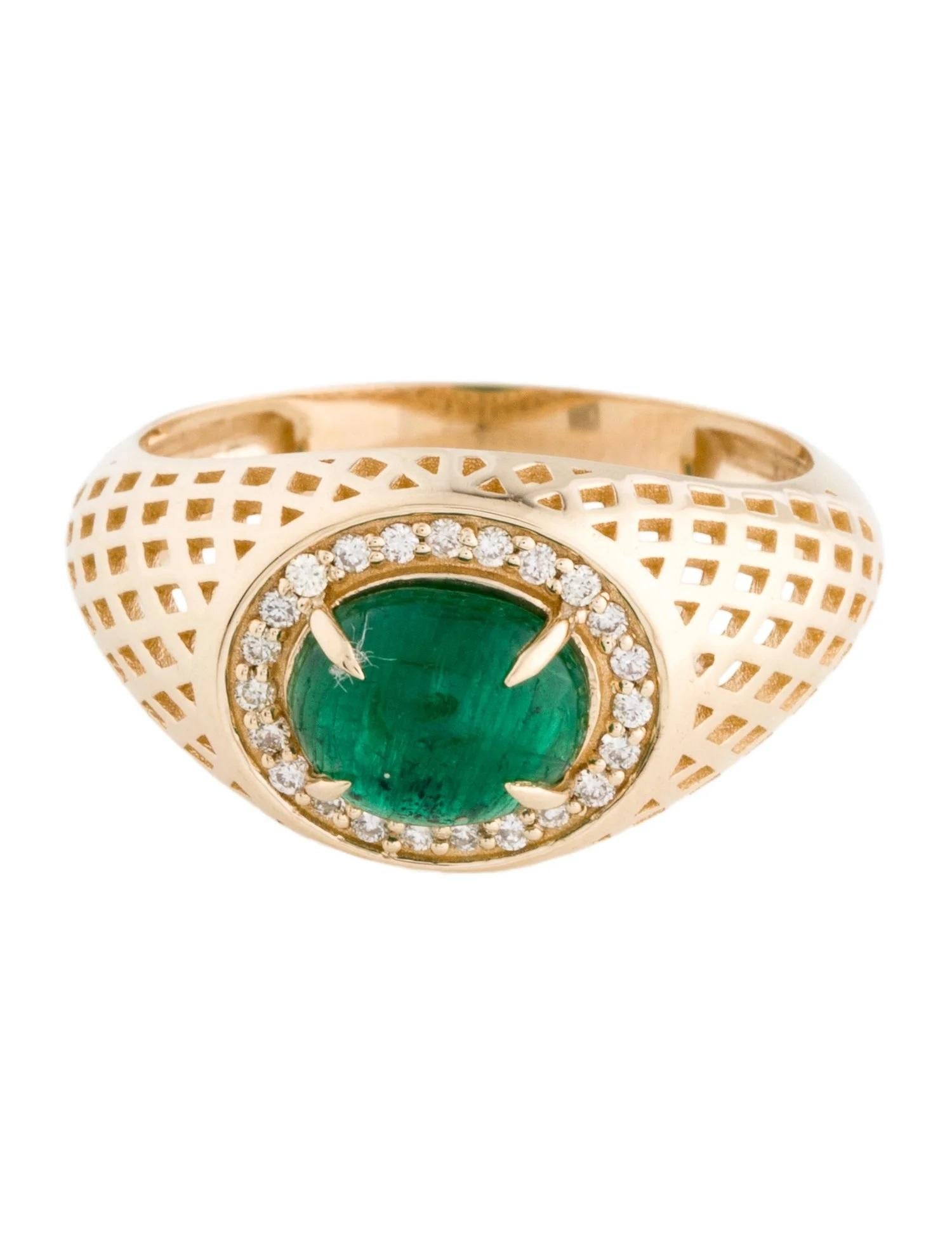 Artist 14K Yellow Gold 1.40ct Oval Cabochon Emerald and Diamond Textured Cocktail Ring For Sale