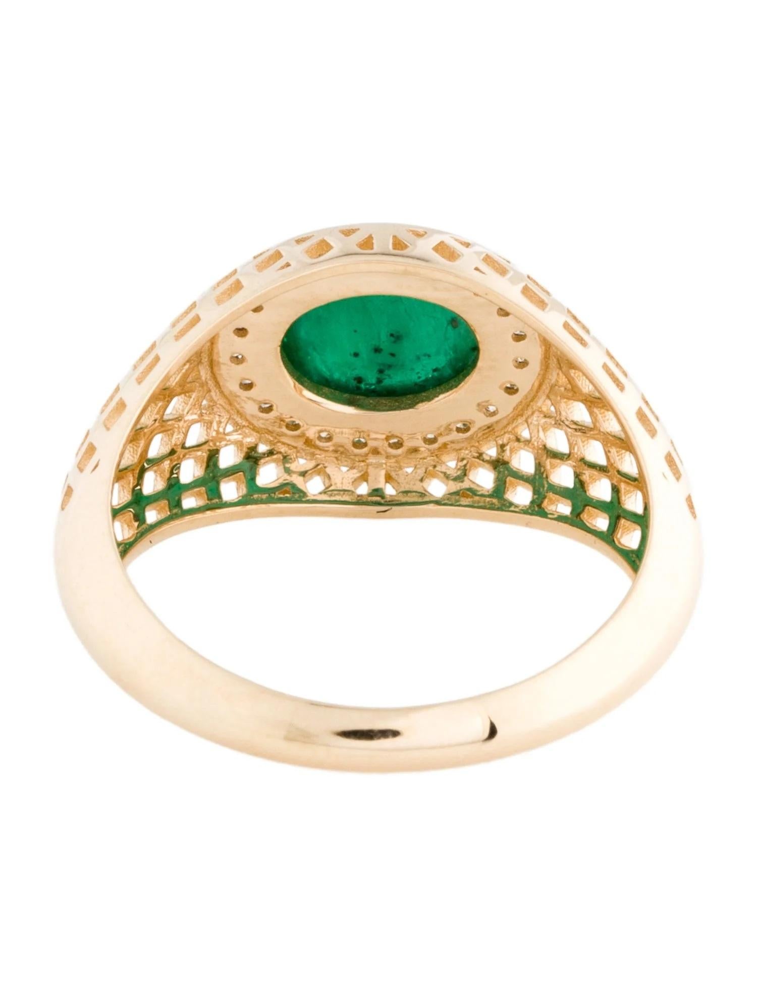 Oval Cut 14K Yellow Gold 1.40ct Oval Cabochon Emerald and Diamond Textured Cocktail Ring For Sale