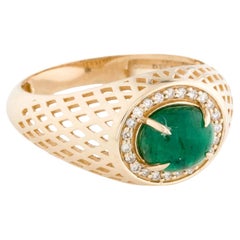 14K Yellow Gold 1.40ct Oval Cabochon Emerald and Diamond Textured Cocktail Ring