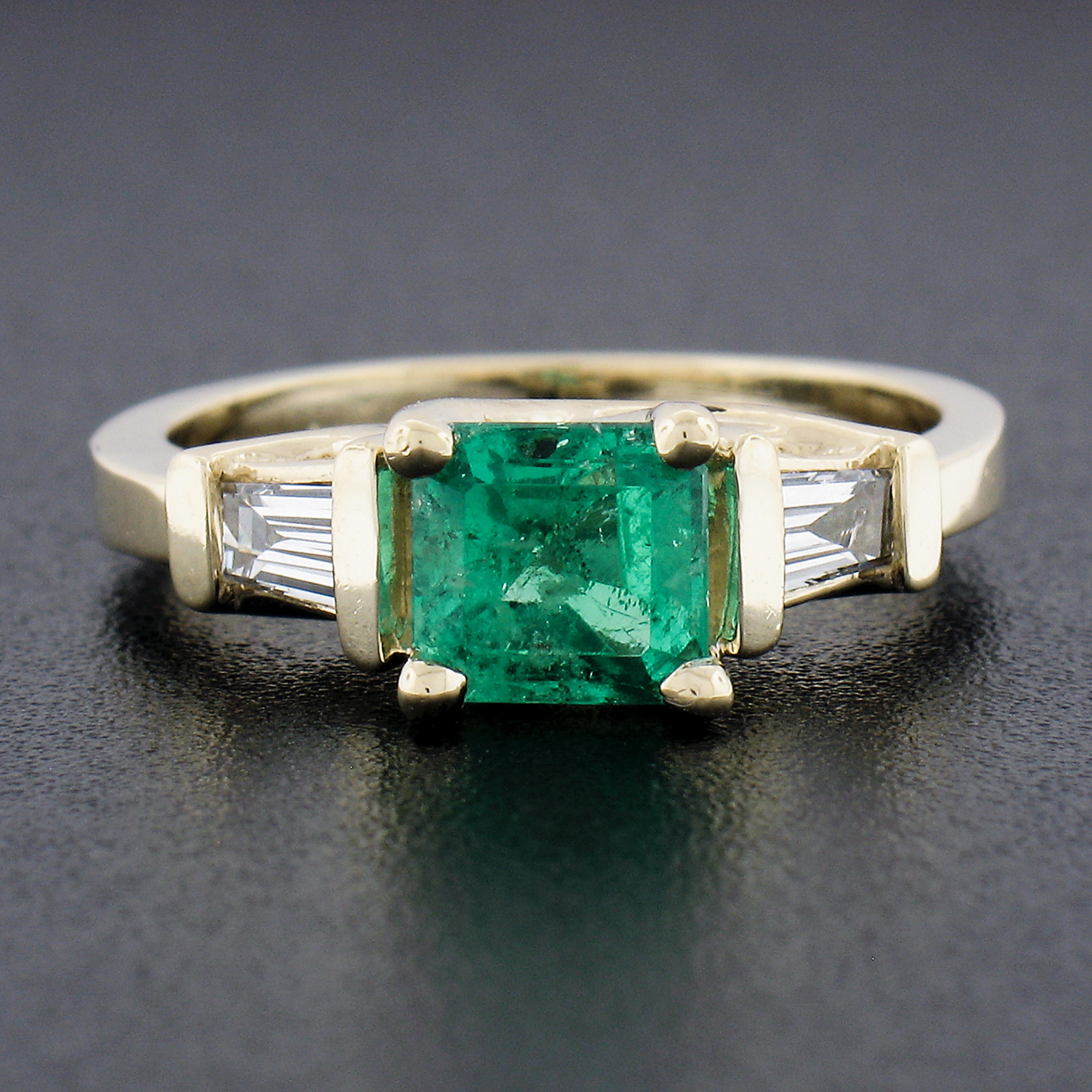 Emerald Cut 14k Yellow Gold 1.40ctw Emerald & Baguette Diamond Engagement Cocktail Ring For Sale