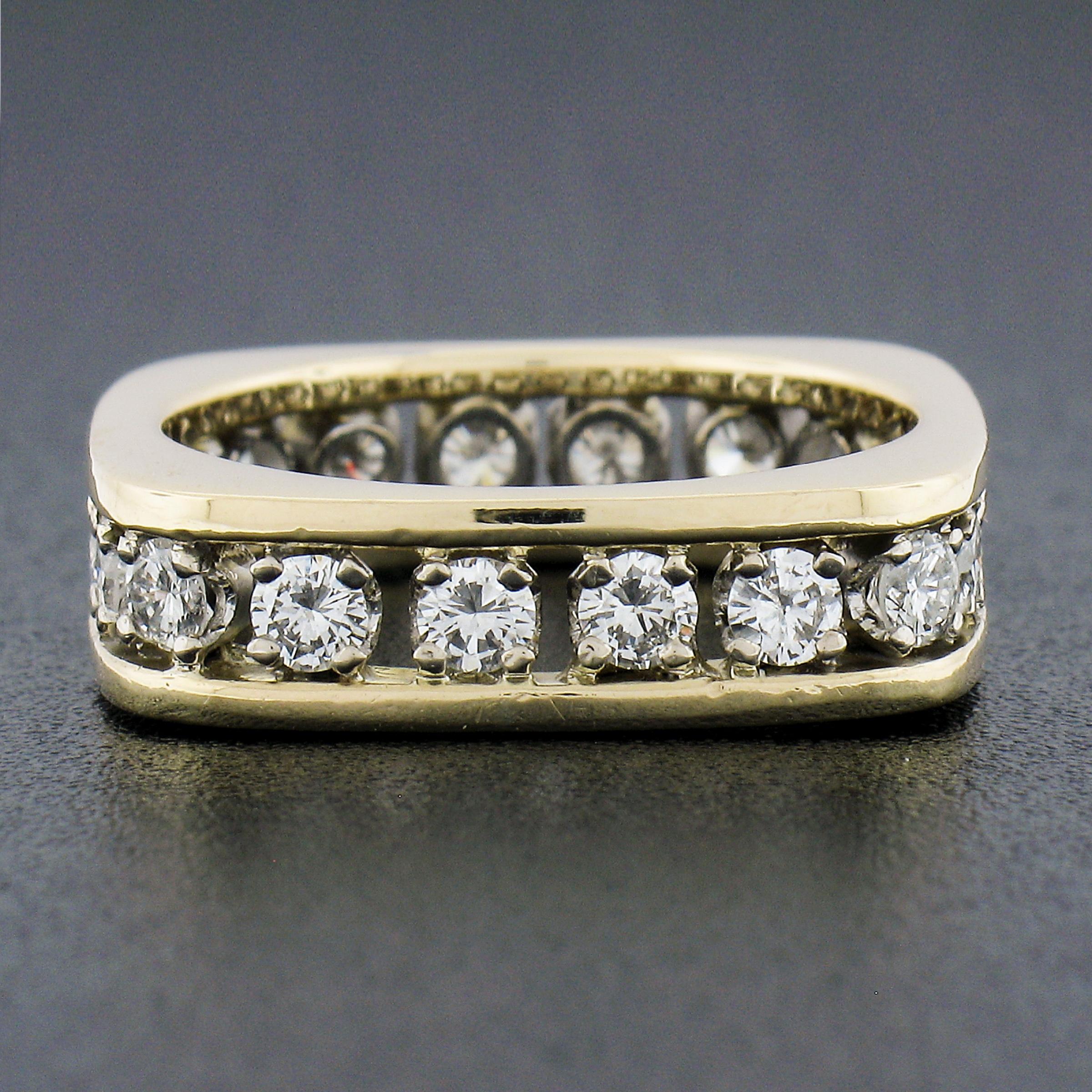 Women's or Men's 14k Yellow Gold 1.40ctw Round Channel Diamond Stack Squared Eternity Band Ring
