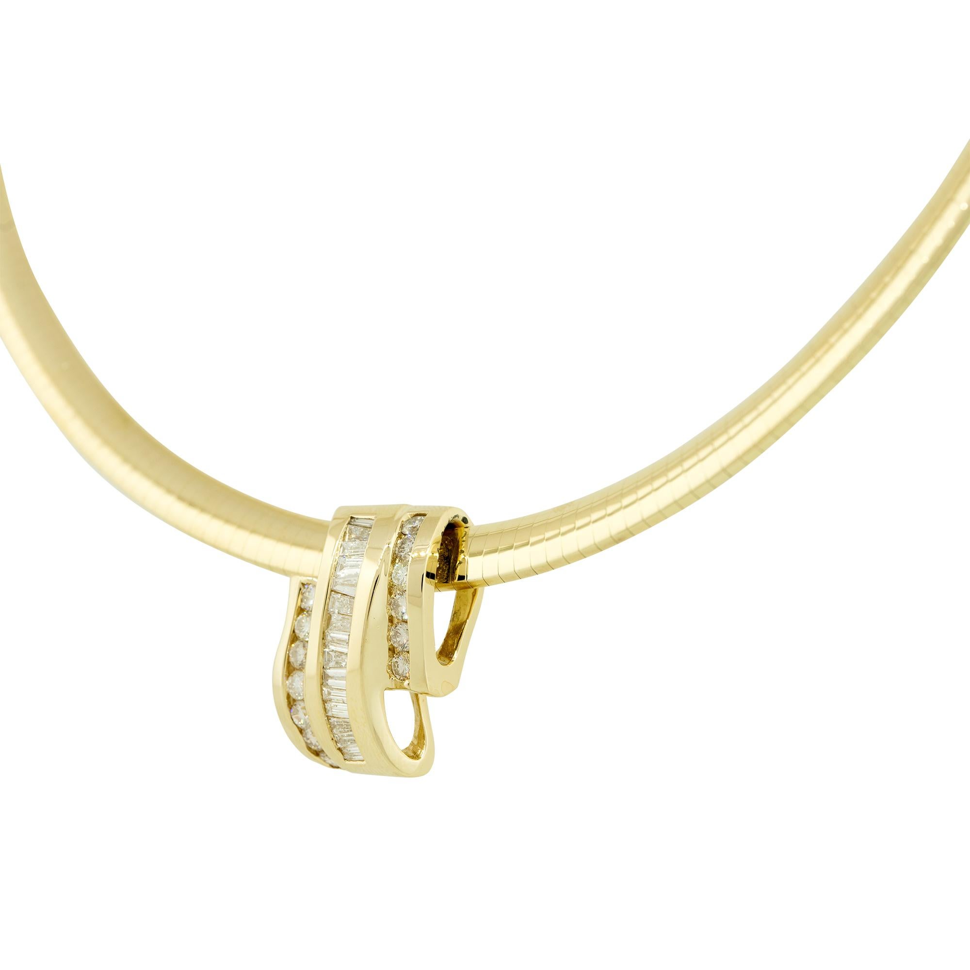 Modern 14k Yellow Gold 1.41ctw Baguette and Round Brilliant Diamond Pendant on Omega 