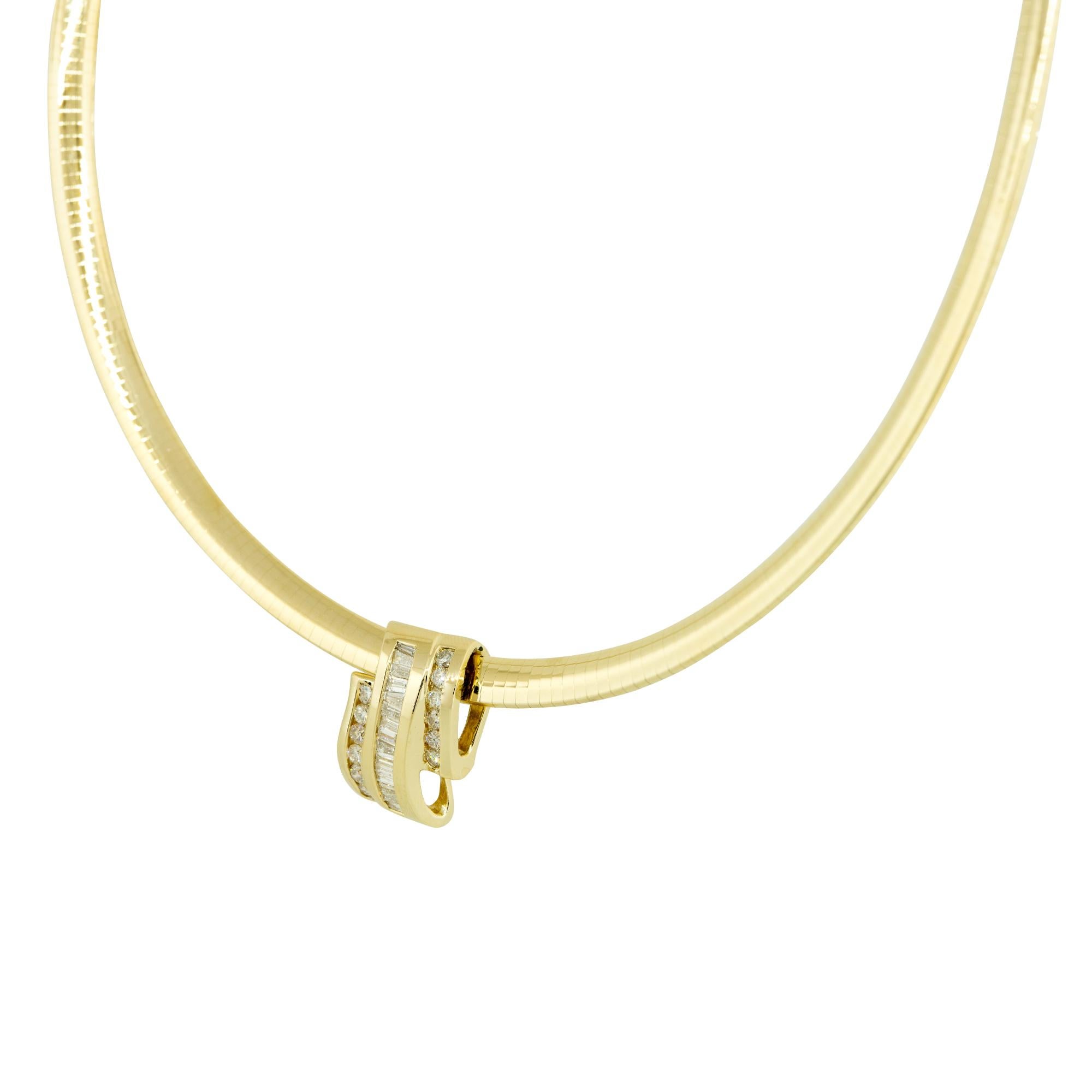 Round Cut 14k Yellow Gold 1.41ctw Baguette and Round Brilliant Diamond Pendant on Omega 