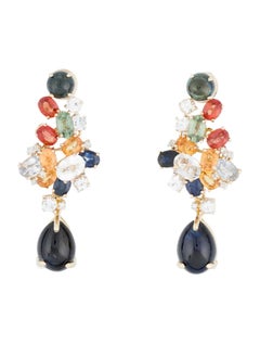 14K Yellow Gold 14.27ctw Multi-Color Sapphire & Diamond Drop Earrings