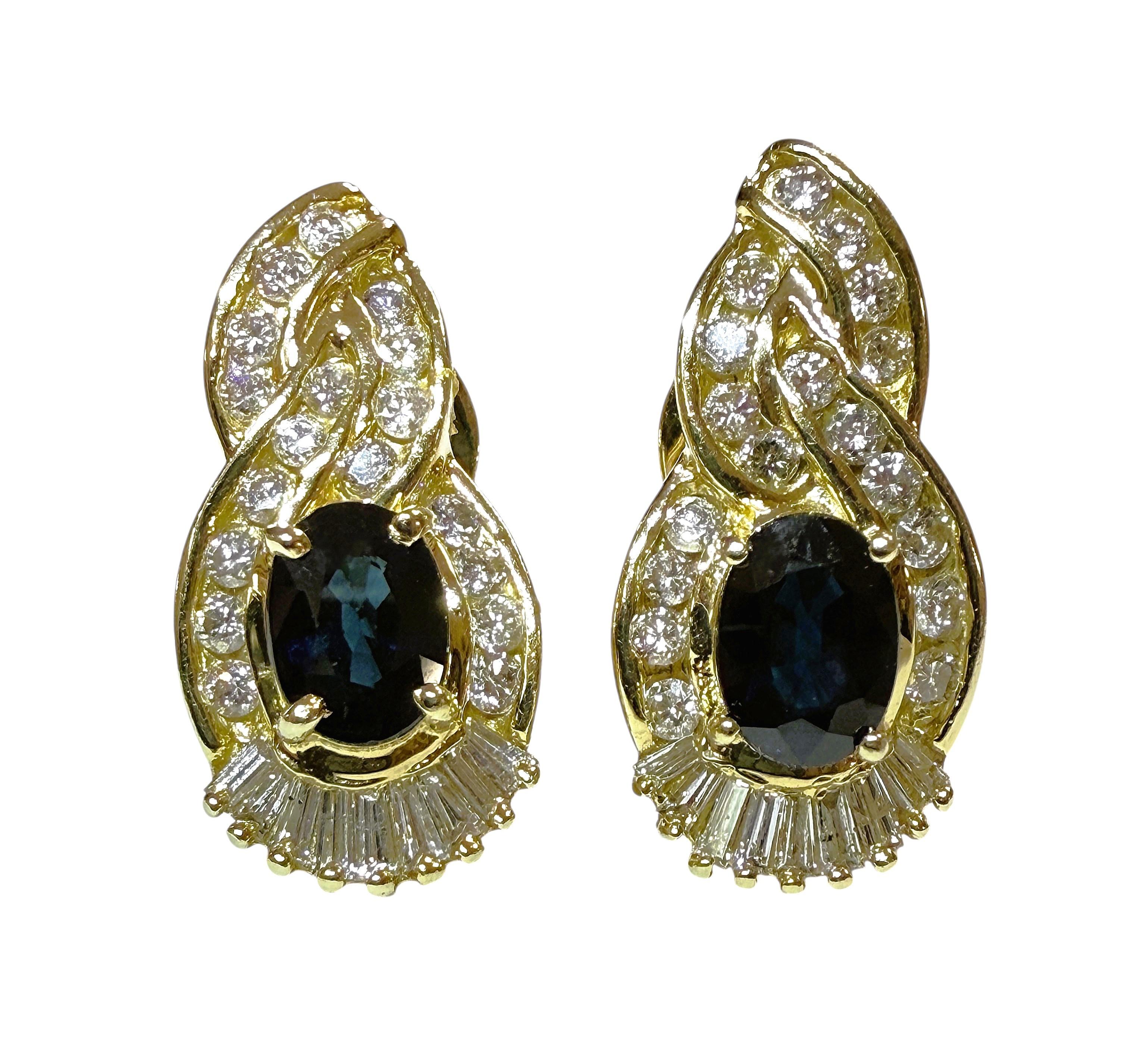 Boucles d'oreilles Omega en or jaune 14K avec saphir de 1,44 carat et diamant de 1,08 carat en vente 4