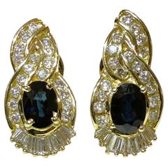 14K Yellow Gold 1.44 Carat Sapphire & 1.08 Carat Diamond Omega Earrings