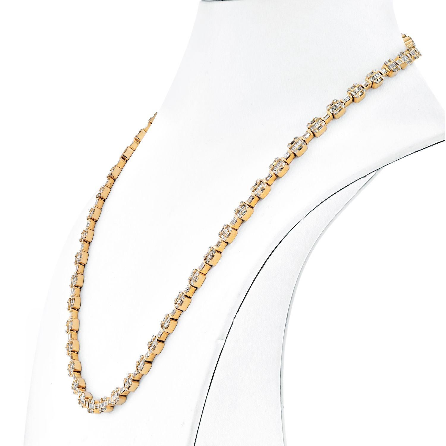 14K Yellow Gold 14.50cttw Round And Baguette Cut Diamond Link Chain Necklace.

So many brides are head over heels with baguettes and emerald cut diamonds, and with a bright combination on yellow gold any jewel speaks extra luxury. 

Needless to say