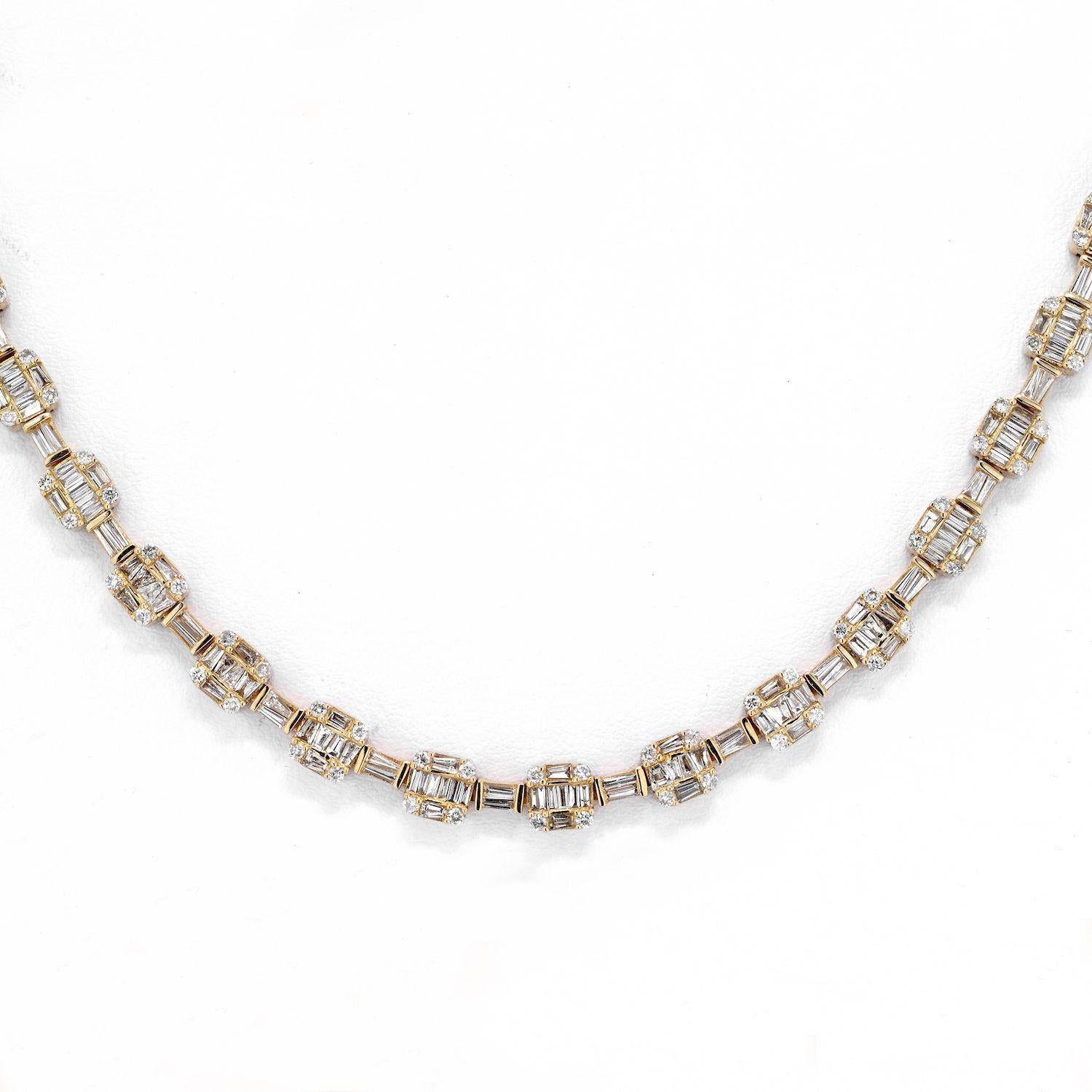 Modern 14K Yellow Gold 14.50cttw Round And Baguette Cut Diamond Link Chain Necklace For Sale