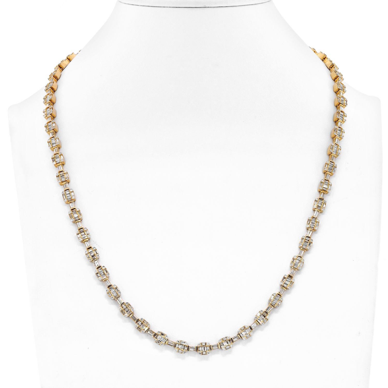 14K Yellow Gold 14.50cttw Round And Baguette Cut Diamond Link Chain Necklace In New Condition For Sale In New York, NY