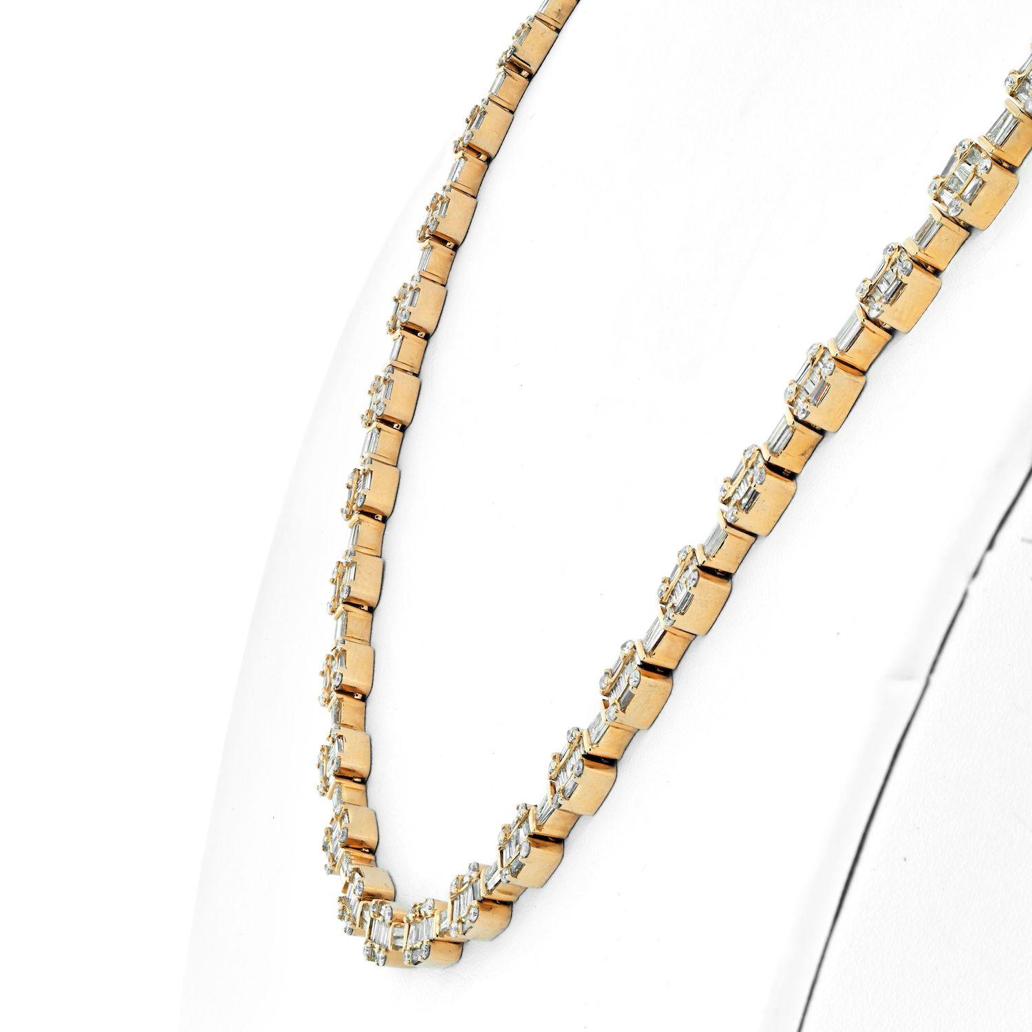 14K Yellow Gold 14.50cttw Round And Baguette Cut Diamond Link Chain Necklace For Sale 1