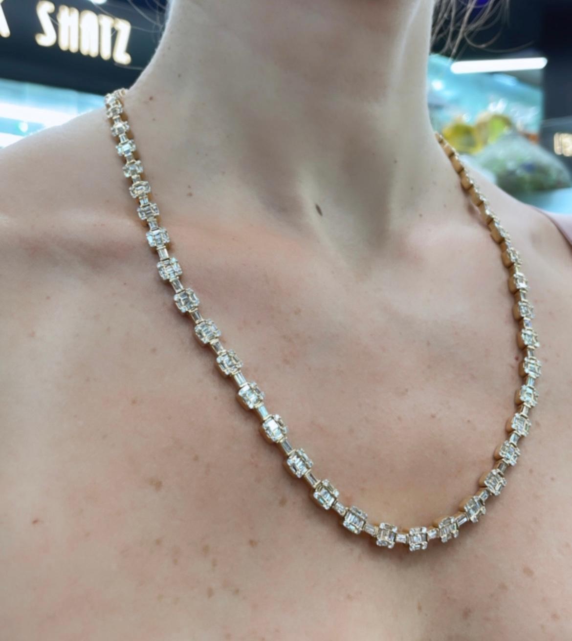 14K Yellow Gold 14.50cttw Round And Baguette Cut Diamond Link Chain Necklace For Sale 2