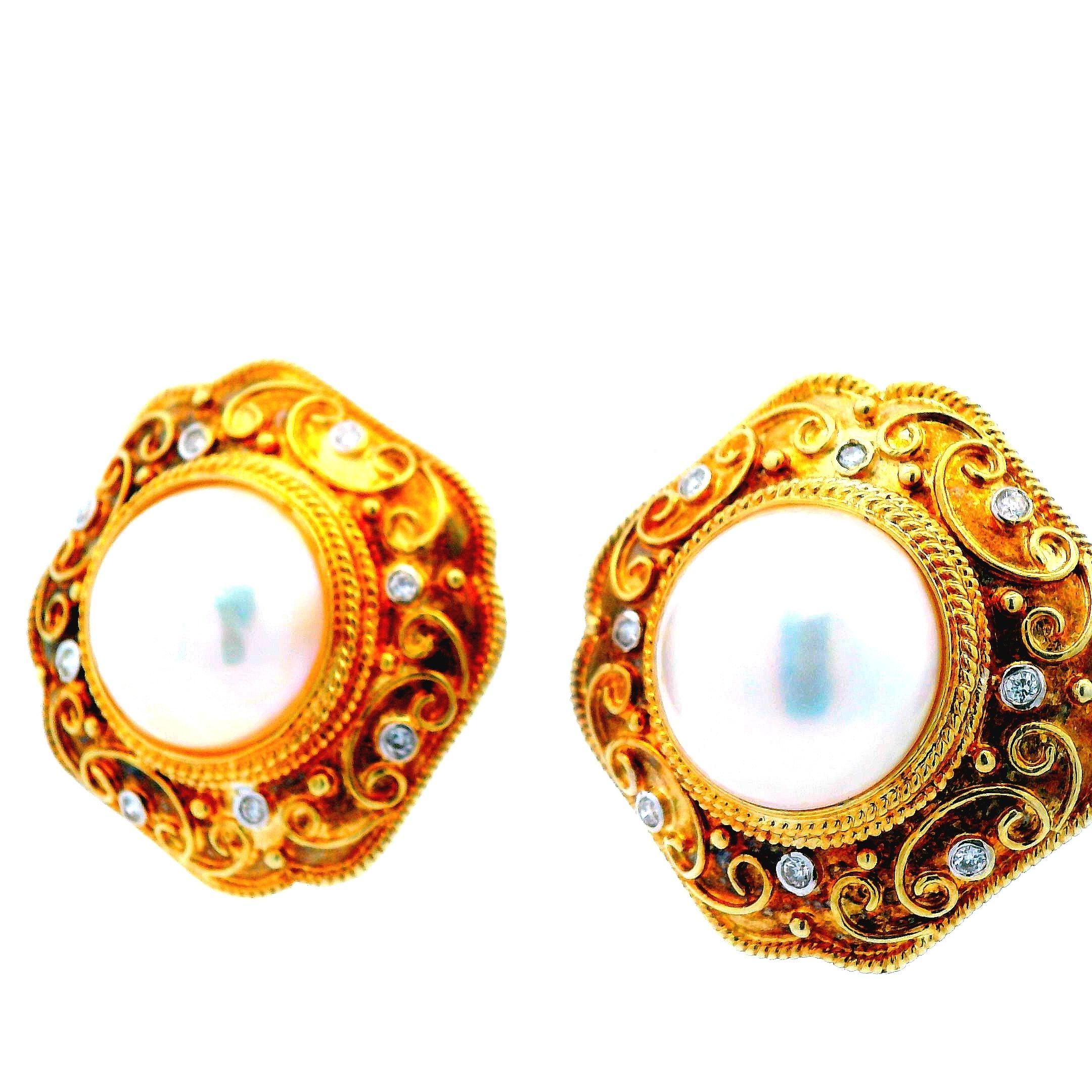 Contemporary 14K Yellow Gold 14.5mm Mabe Peal and Diamond Earrings For Sale