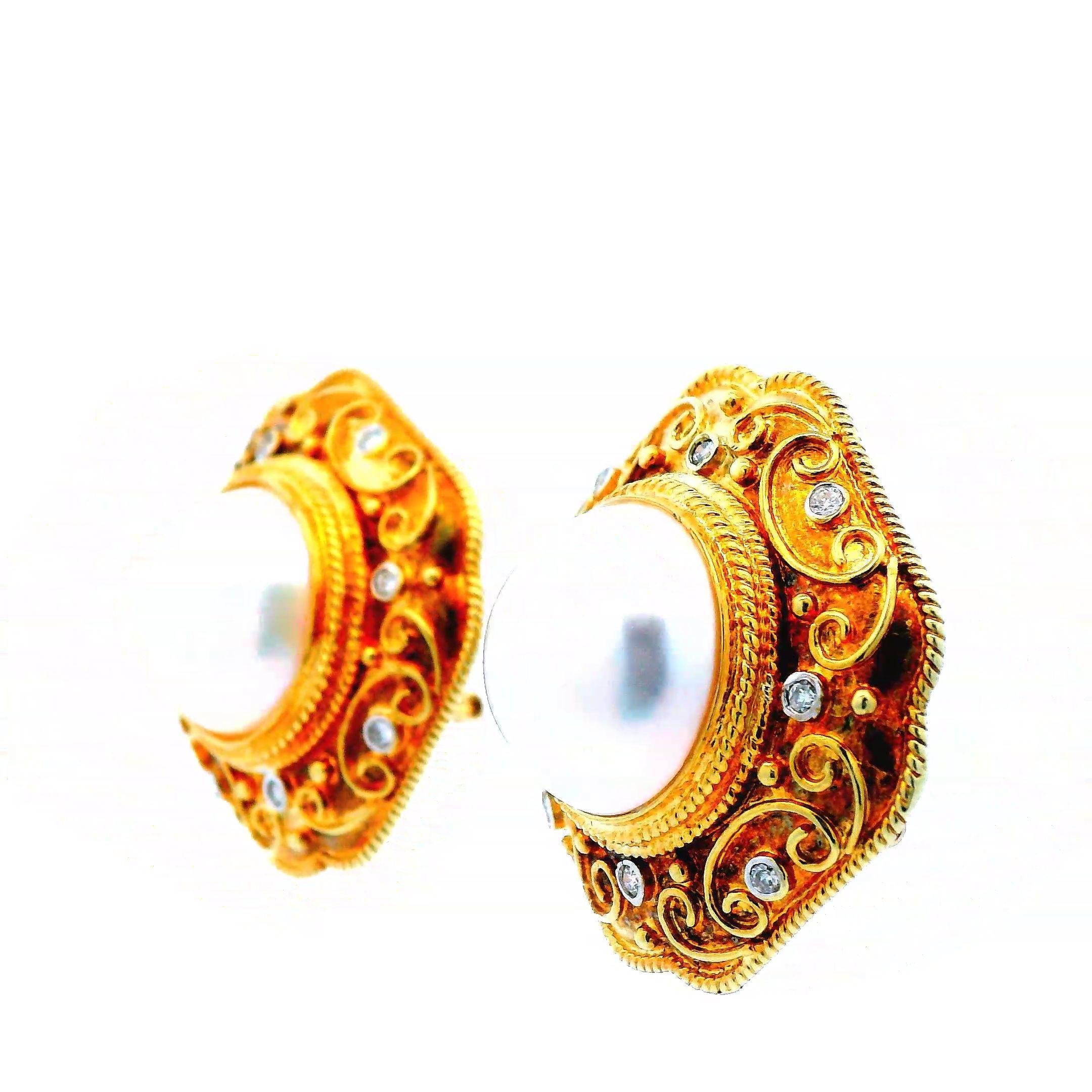 14K Yellow Gold 14.5mm Mabe Peal and Diamond Earrings For Sale 1