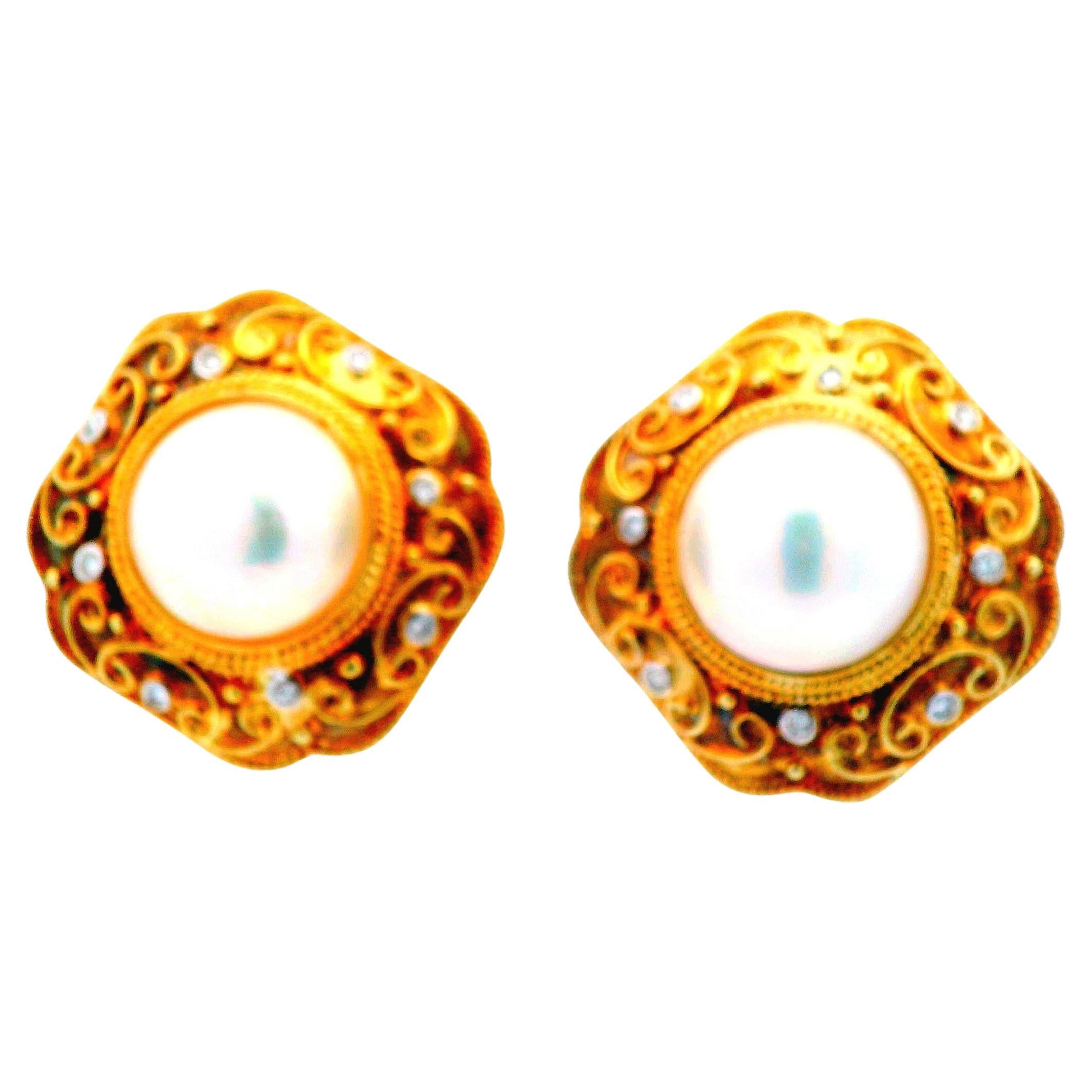 14K Yellow Gold 14.5mm Mabe Peal and Diamond Earrings For Sale