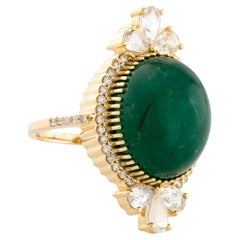 14K Yellow Gold 14.65ct Oval Cabochon Emerald, 1.05ct Sapphire & Diamond Cocktai