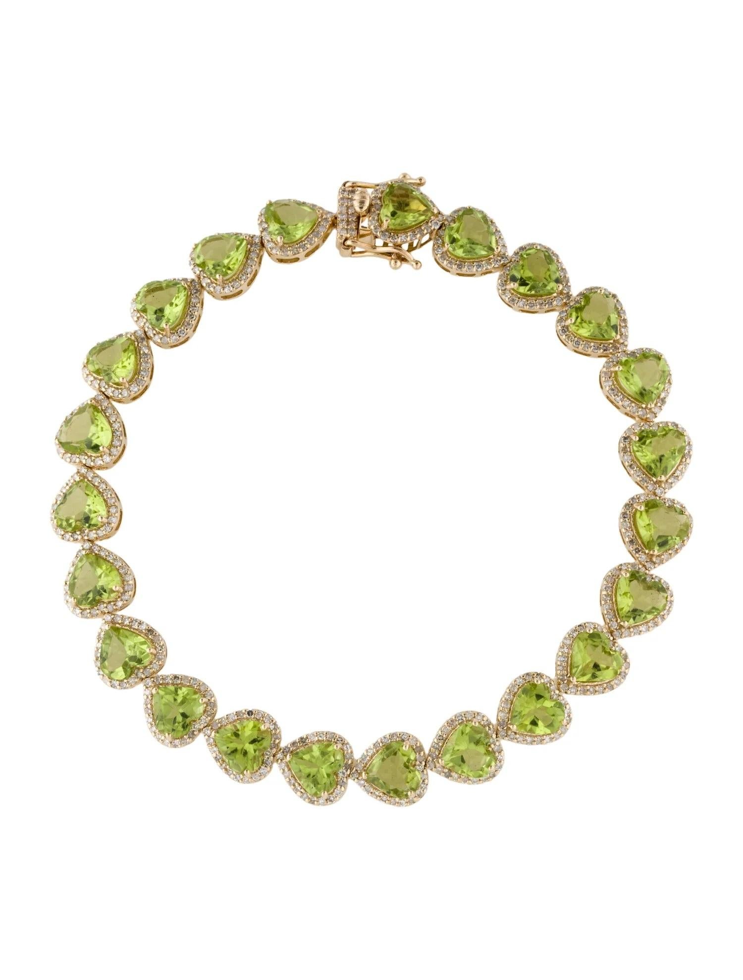 Taille simple Bracelet à maillons en or jaune 14 carats avec péridot en forme de cœur de 14,70 carats et diamants en vente
