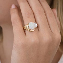 14k Yellow Gold 1.48ctw Oval Cabochon Opal w/ Round Diamond Scalloped Ring