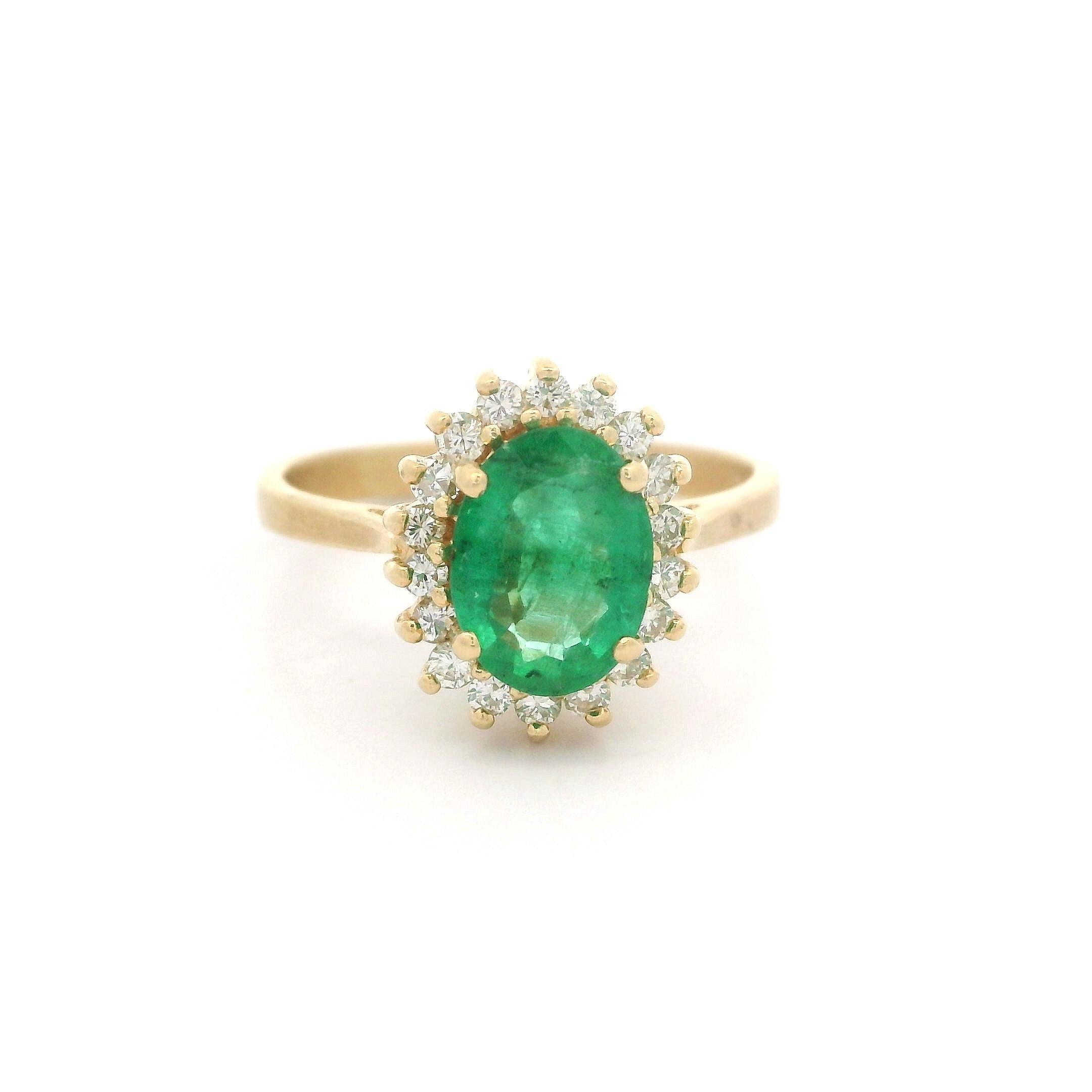 14k Yellow Gold 1.48ctw Oval Emerald w/ Diamond Halo Brushed Finish Ring