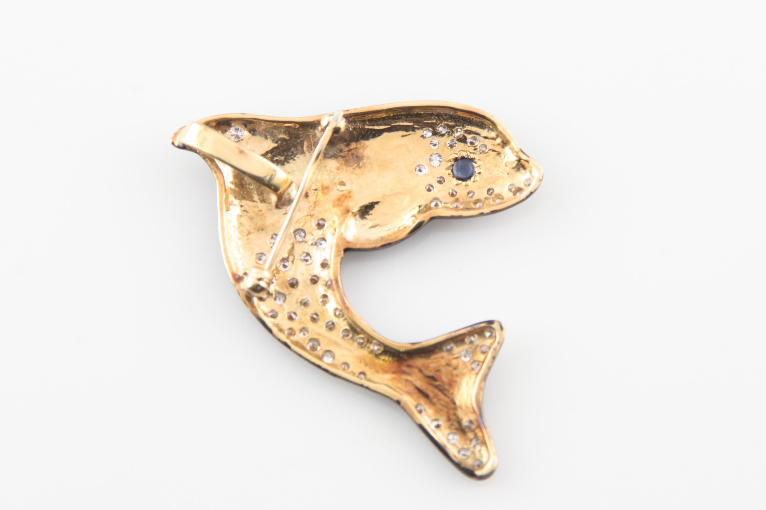 Modern 14k Yellow Gold 1.49 Carat Diamond & Black Enamel Killer Whale Pendant / Brooch For Sale