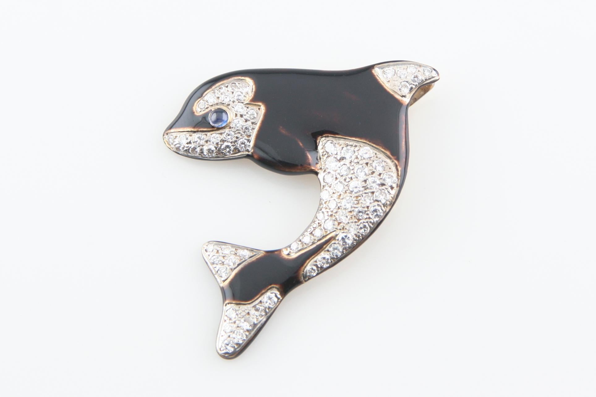 Round Cut 14k Yellow Gold 1.49 Carat Diamond & Black Enamel Killer Whale Pendant / Brooch For Sale