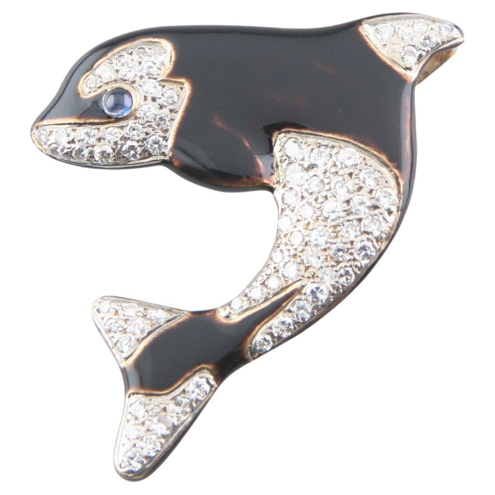 14k Yellow Gold 1.49 Carat Diamond & Black Enamel Killer Whale Pendant / Brooch For Sale